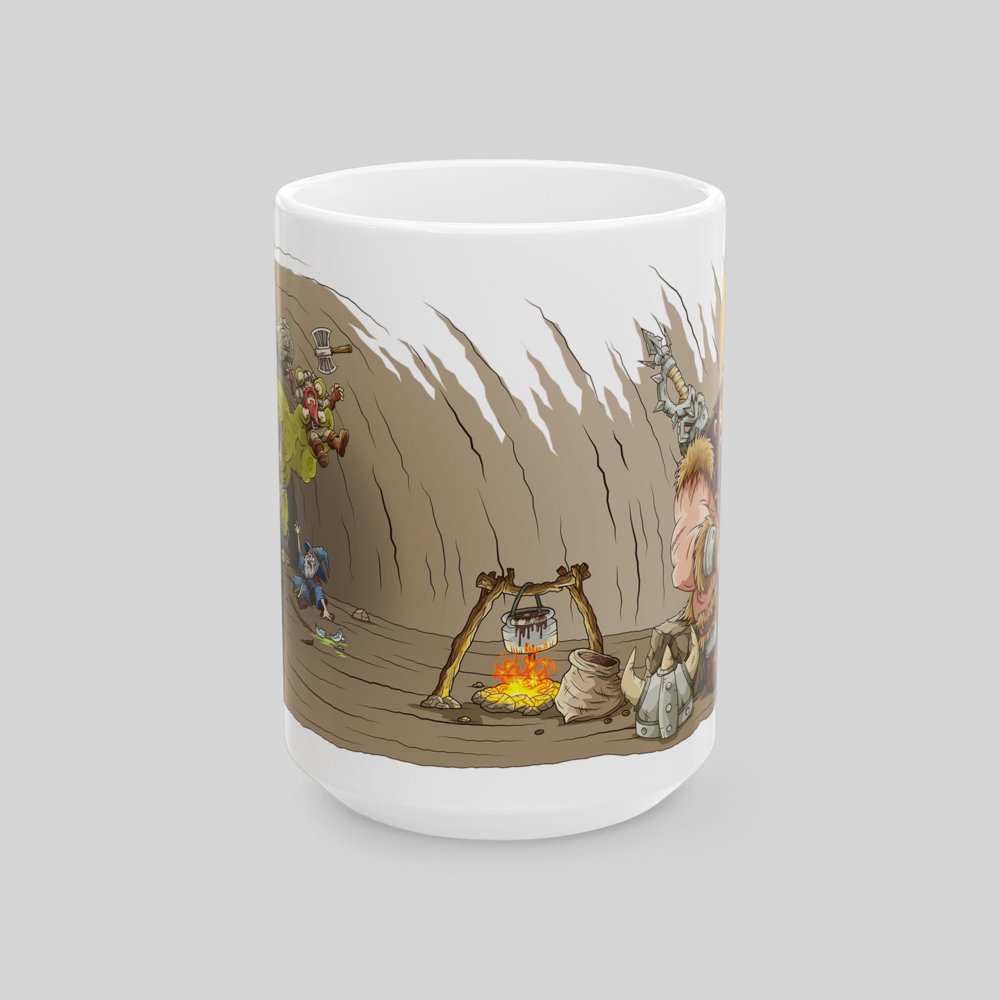 Mug with a cartoon design of a campfire scene on a gray background