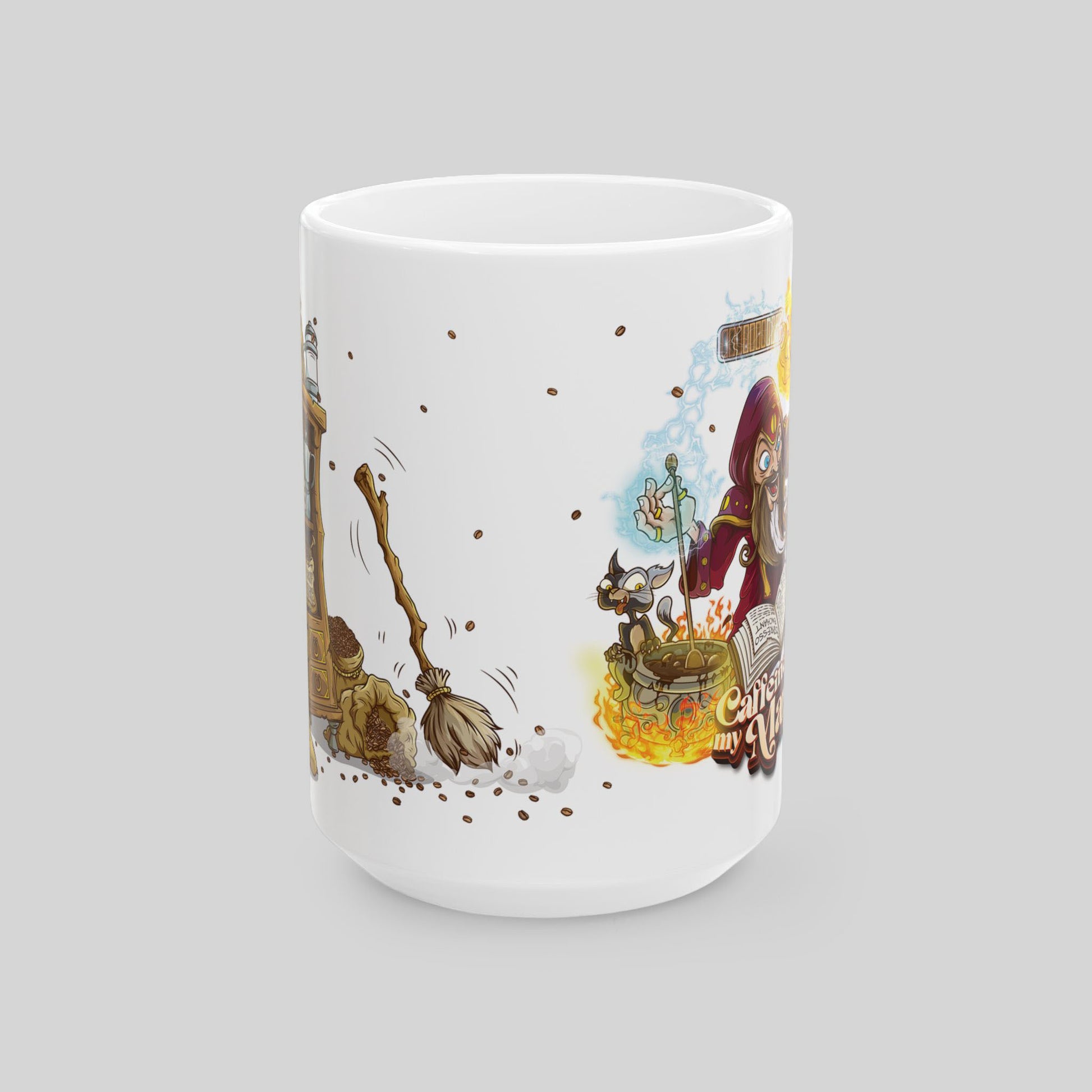 White mug with a colorful design featuring a broom, cauldron, and other elements on a gray background