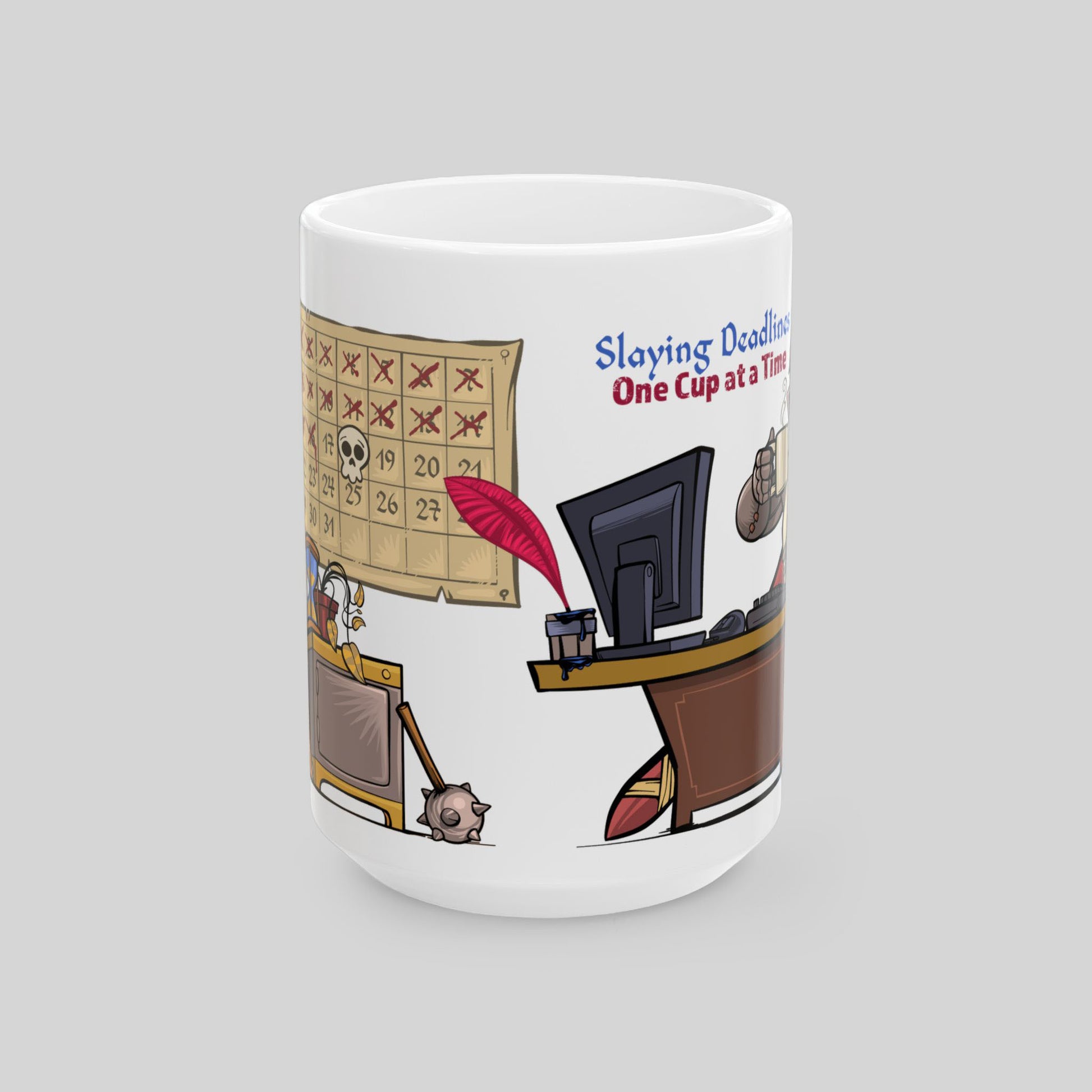 White mug with a cartoon design of a desk, computer, and calendar on a white background
