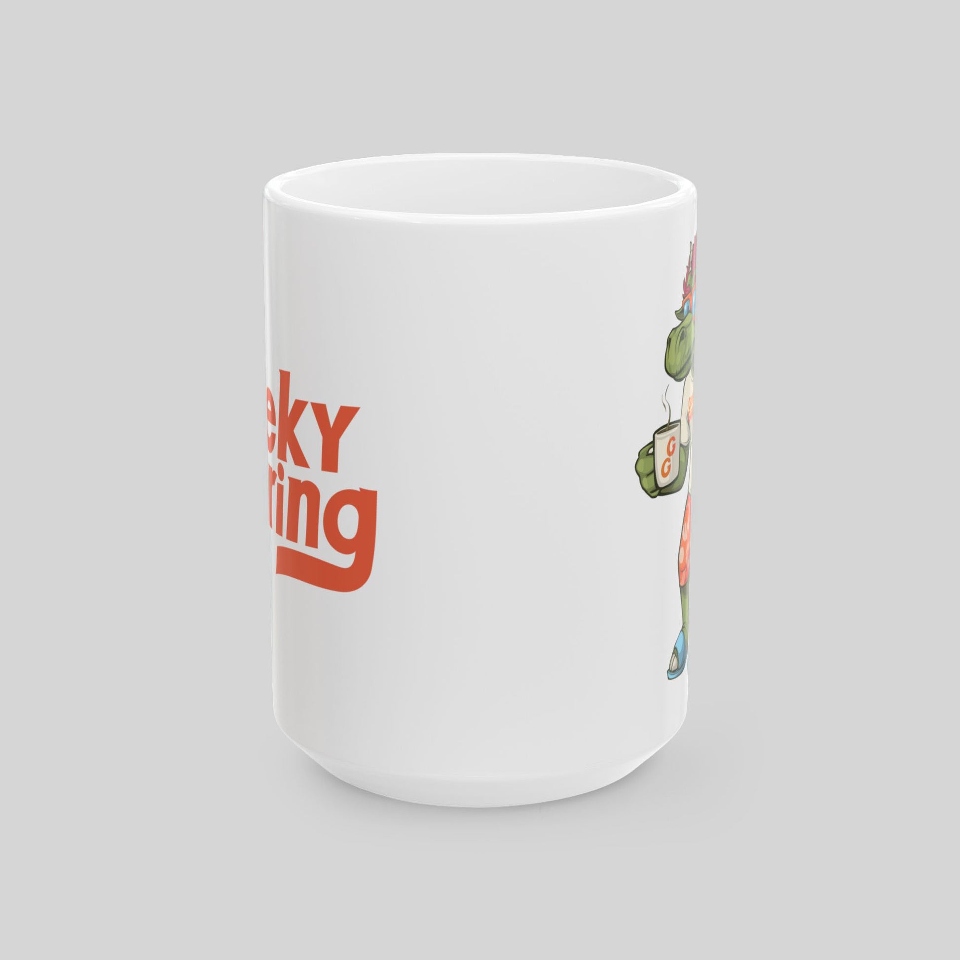 White mug with red text and colorful graphics on a gray background