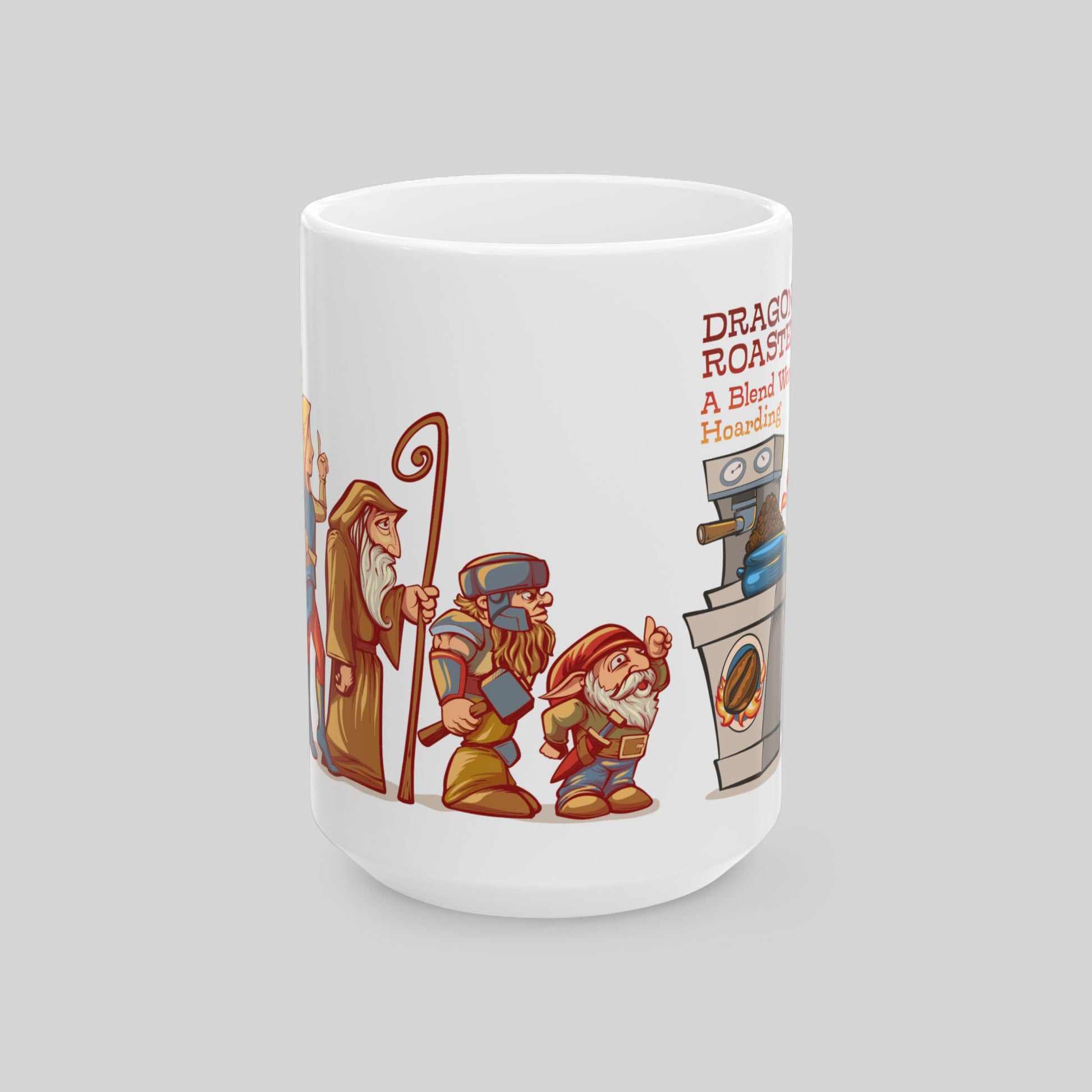 White mug with a cartoon dwarf, gnome, wizard and coffee roasting machine design on a gray background