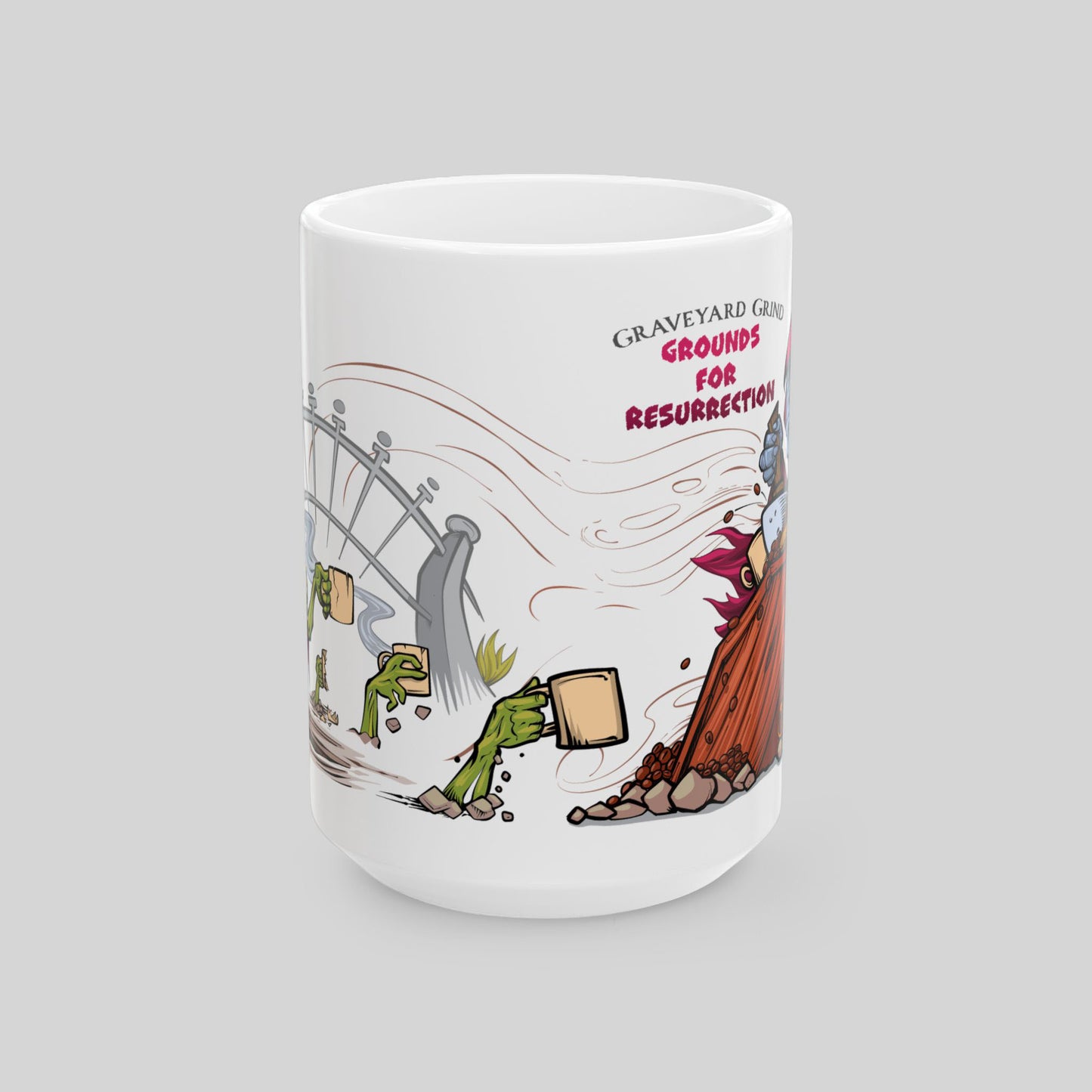 Mug with cartoon design of a resurrection scene on a gray background