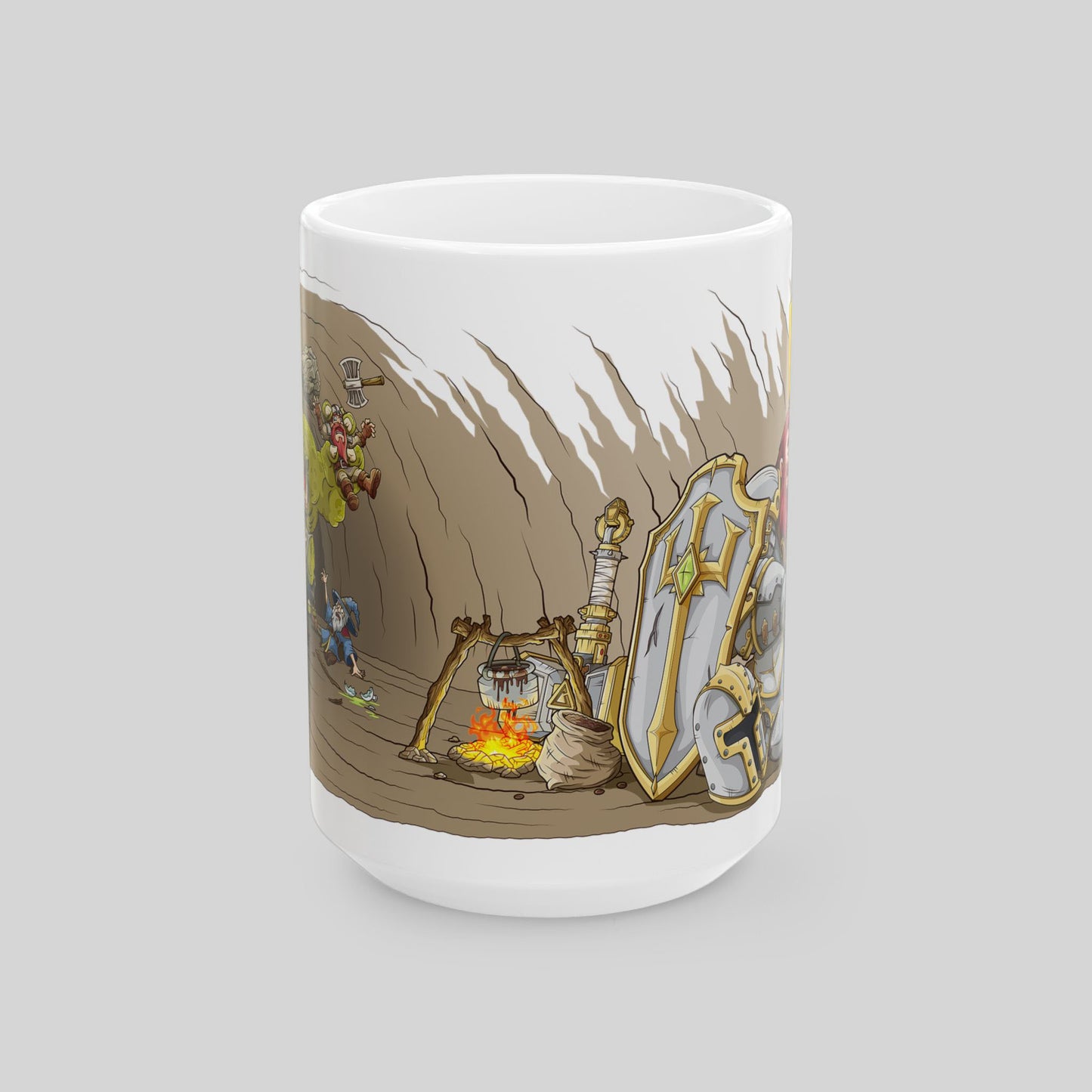 Mug with a fantasy-themed design featuring a shield, hammer, a monsters hand and a campfire.