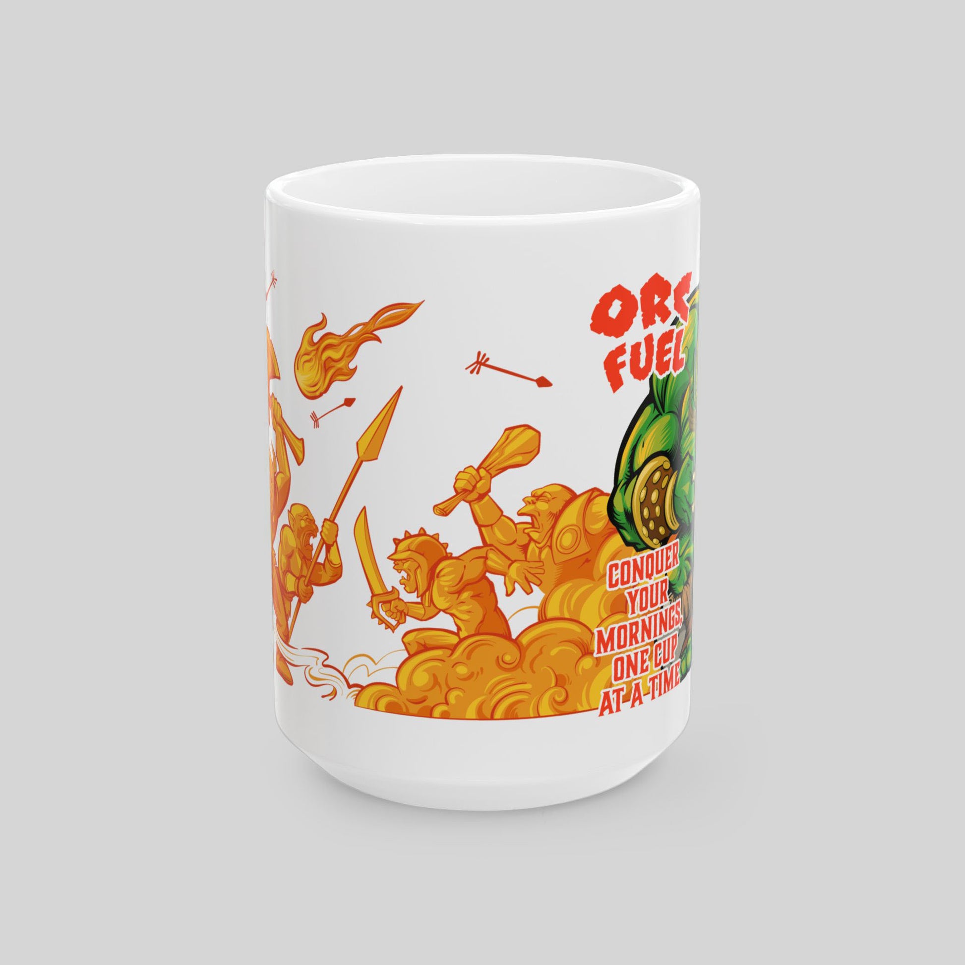 White mug with colorful graphic design on a gray background