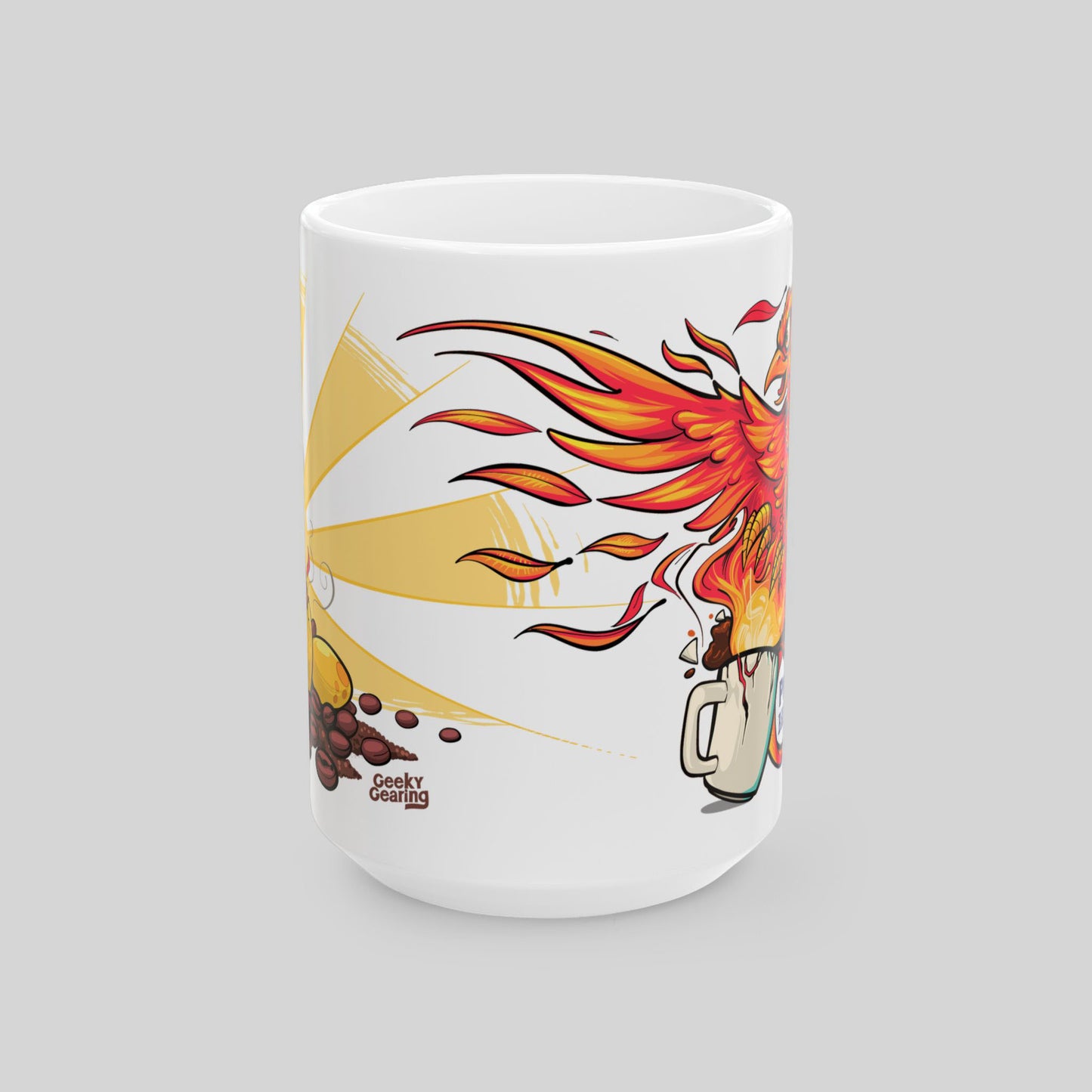 White mug with colorful phoenix design on a white background