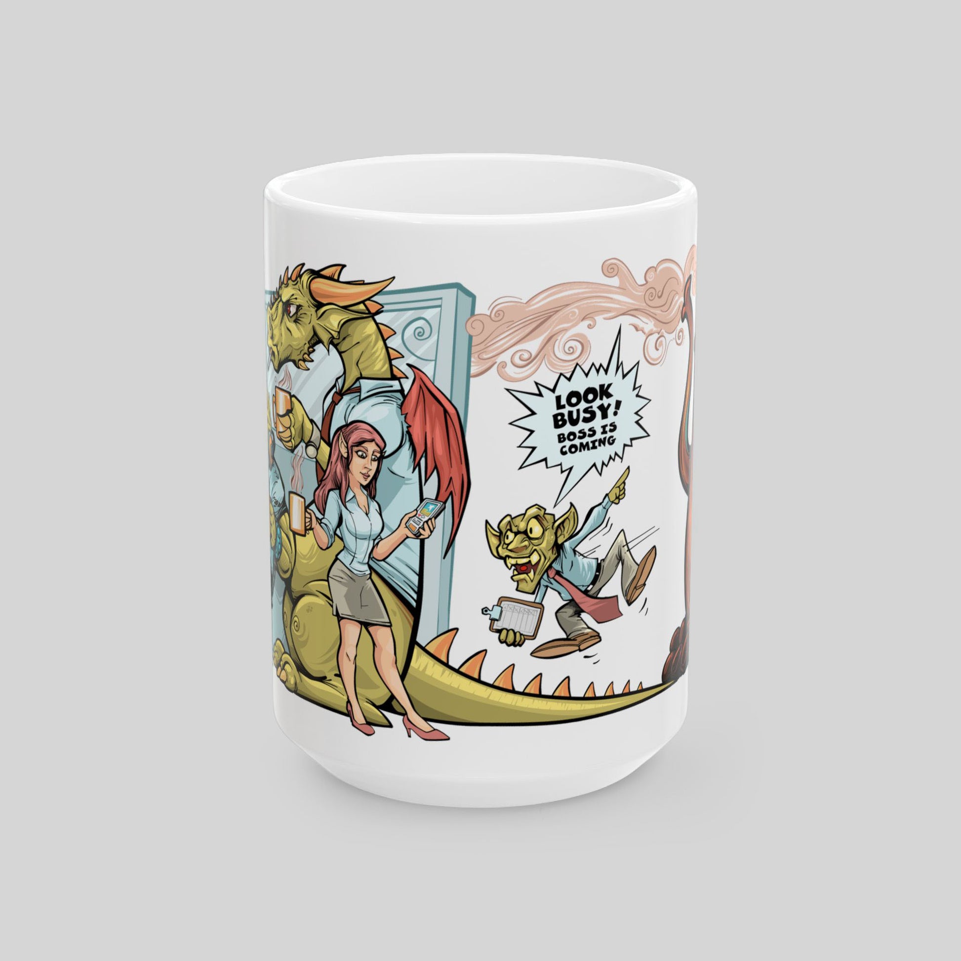 15oz Procrastination Potion mug featuring a funny office scene with a dragon, elf, and goblin characters.