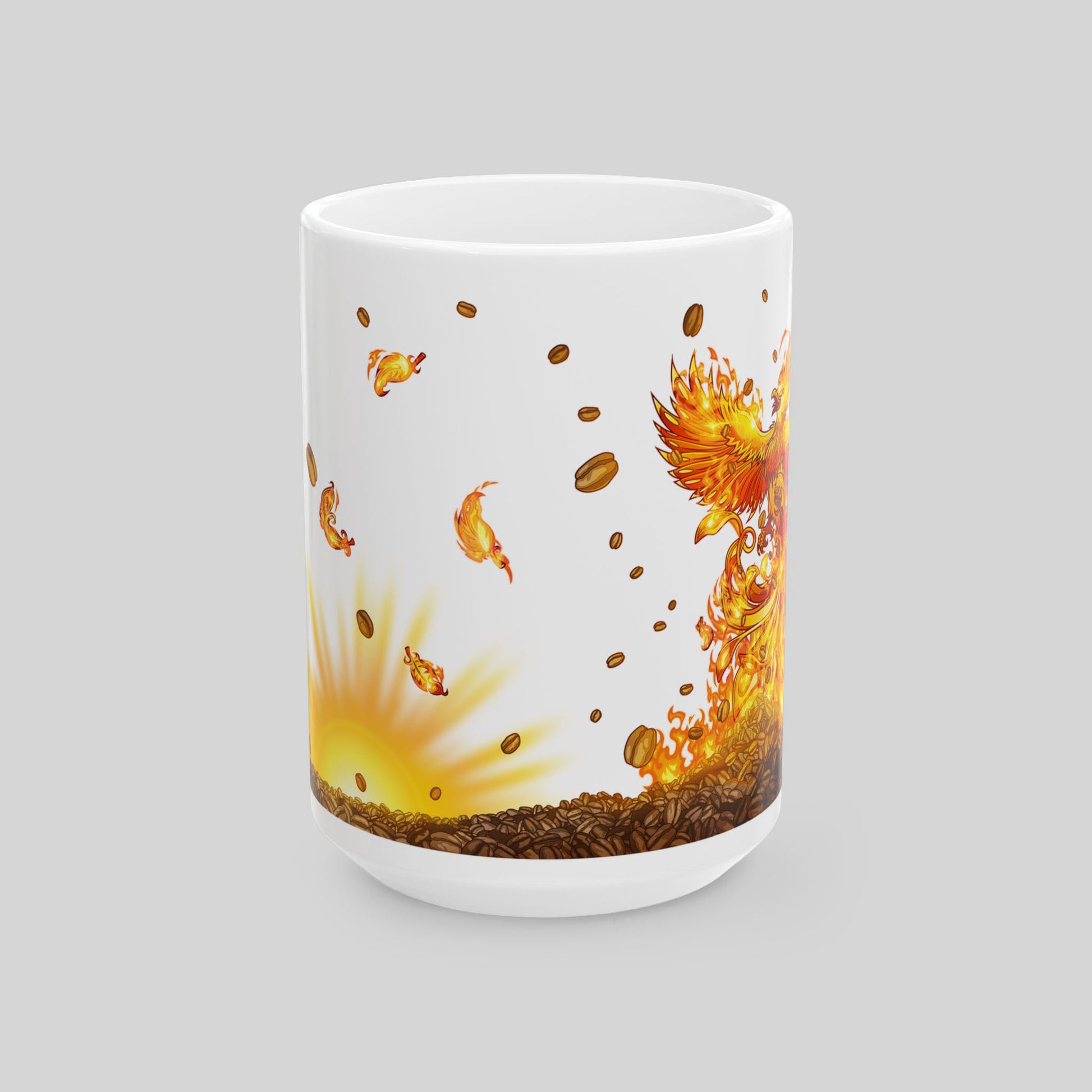 White mug with a phoenix design on a gray background