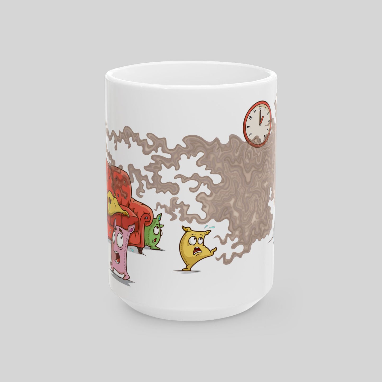 White mug with cartoon characters and a clock design on a gray background