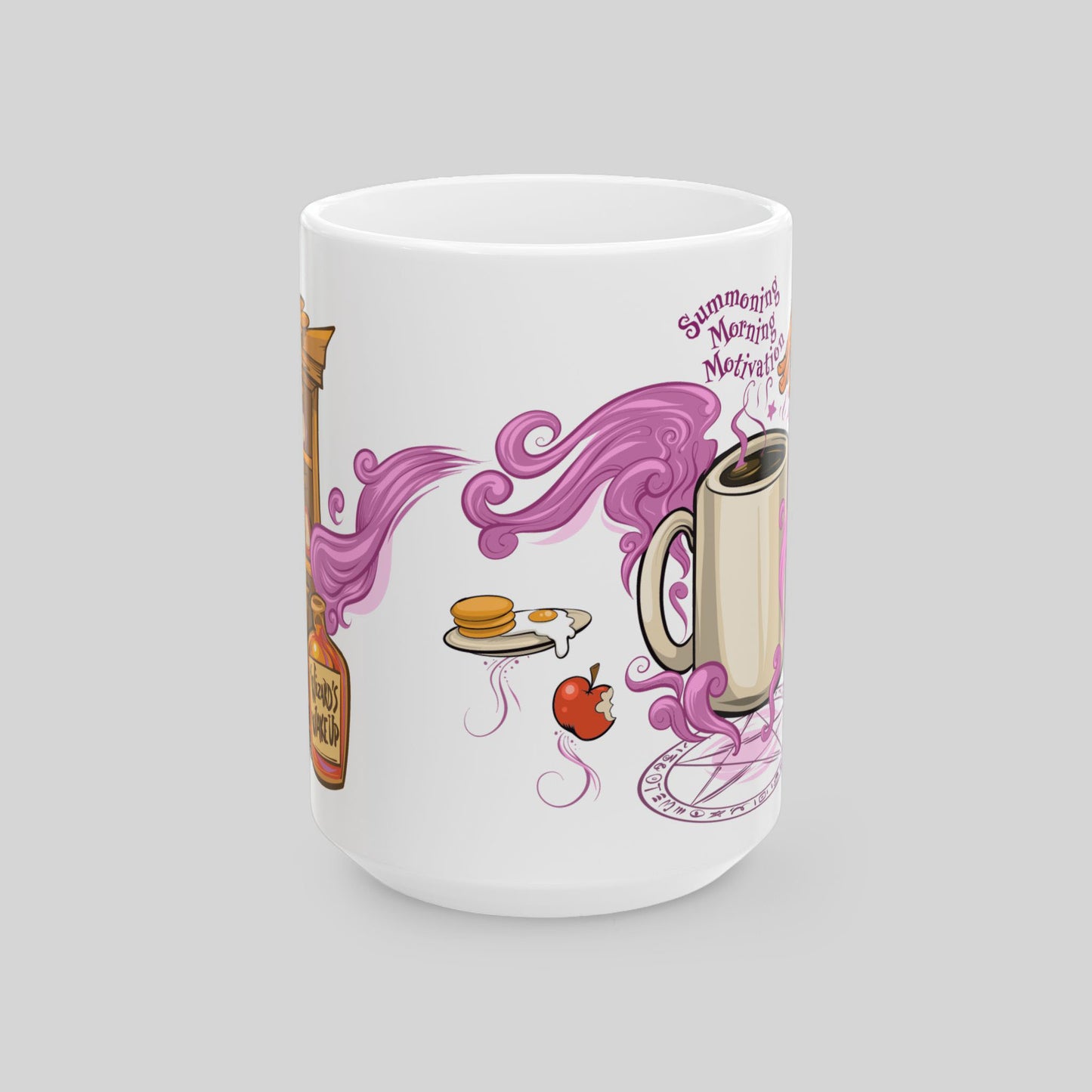 White mug with colorful design on a gray background