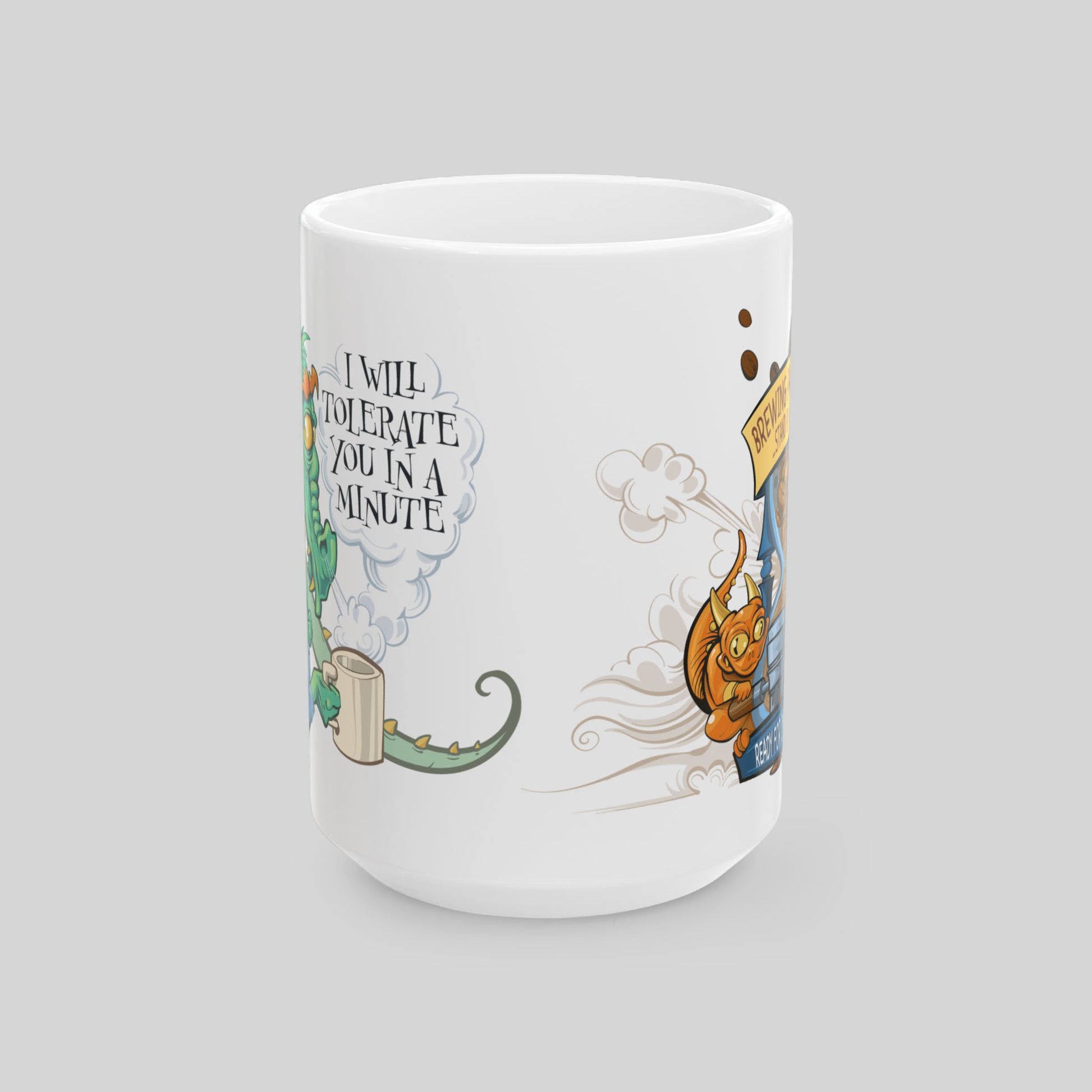 White mug with illustrated design and text on a gray background