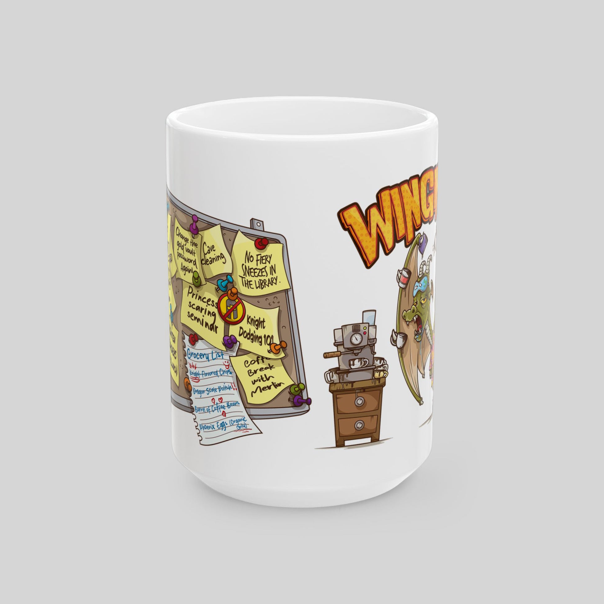 White mug with colorful design featuring a notice board with sticky notes and a manual espresso maschine