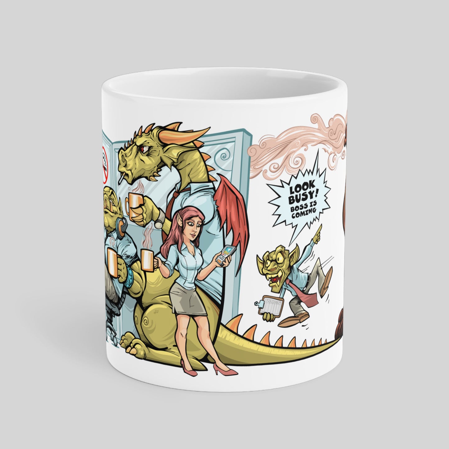20oz Procrastination Potion mug featuring a funny office scene with a dragon, elf, and goblin characters.