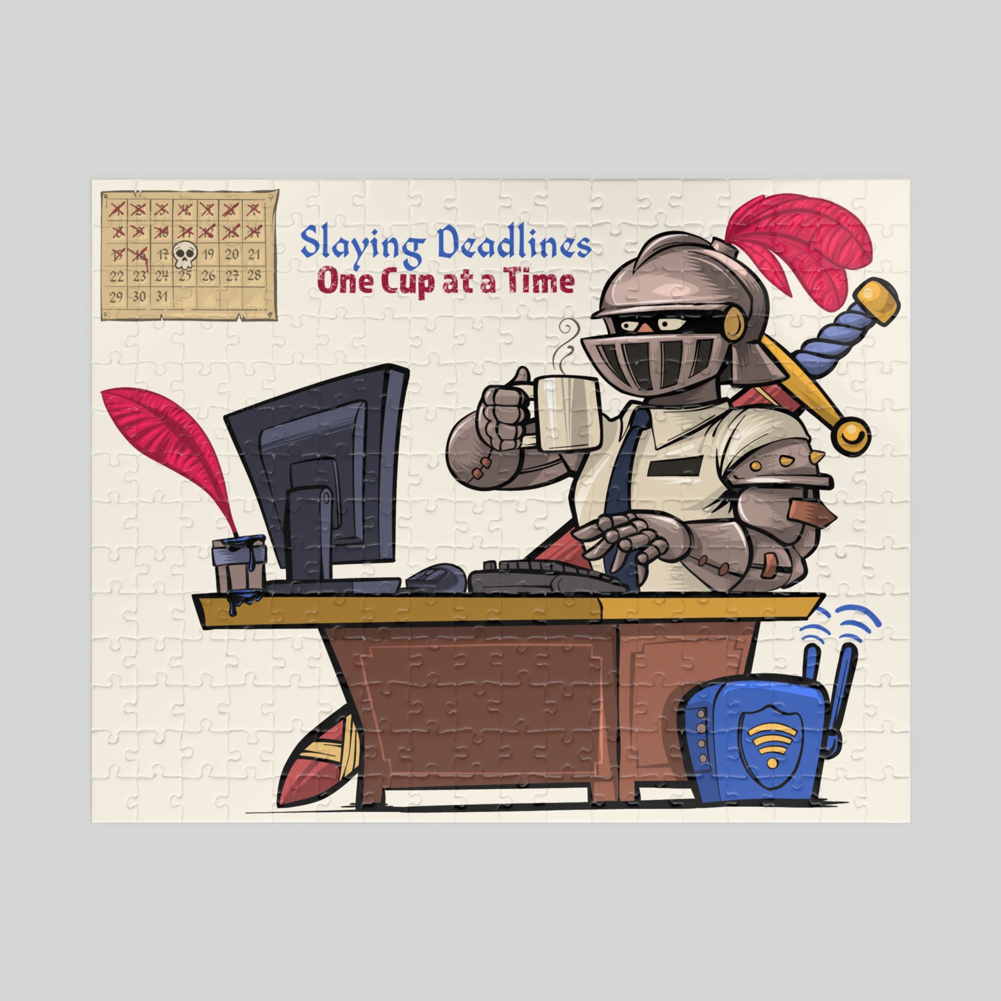 Illustration of a knight at a desk with text 'Slaying Deadlines One Cup at a Time' on a light gray background.