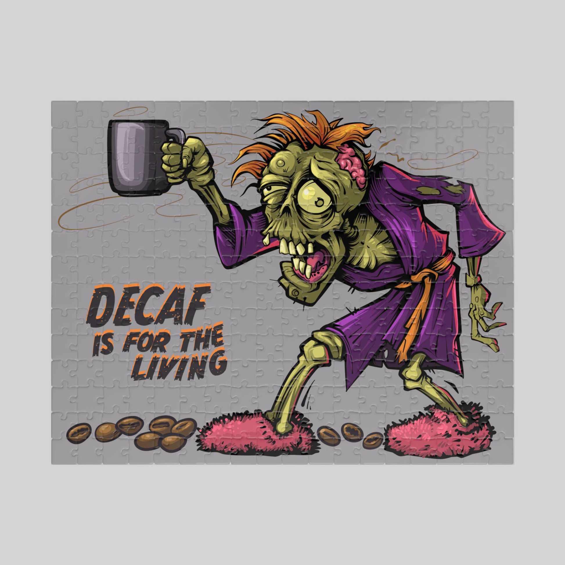 Cartoon zombie in a robe holding a mug with 'Decaf is for the Living' text on a gray background.