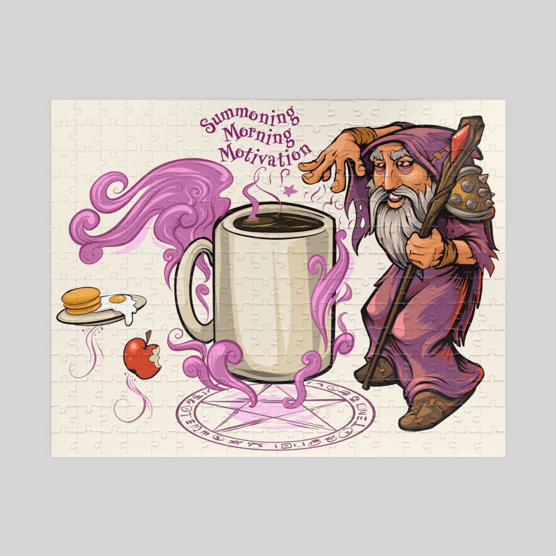 Illustration of a wizard with a staff and a coffee mug, with text 'Summoning Morning Motivation' on a light background.