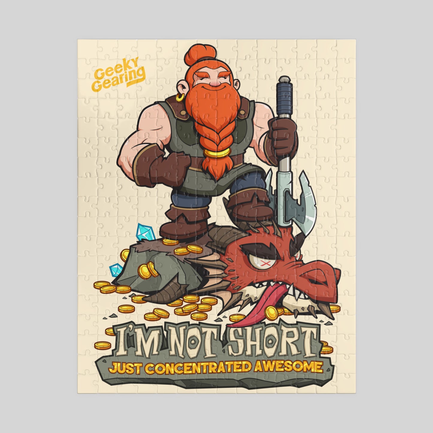 Cartoon character with a beard holding an axe, standing over a defeated dragon, on a puzzle packaging with 'Geeky Gearing' branding.