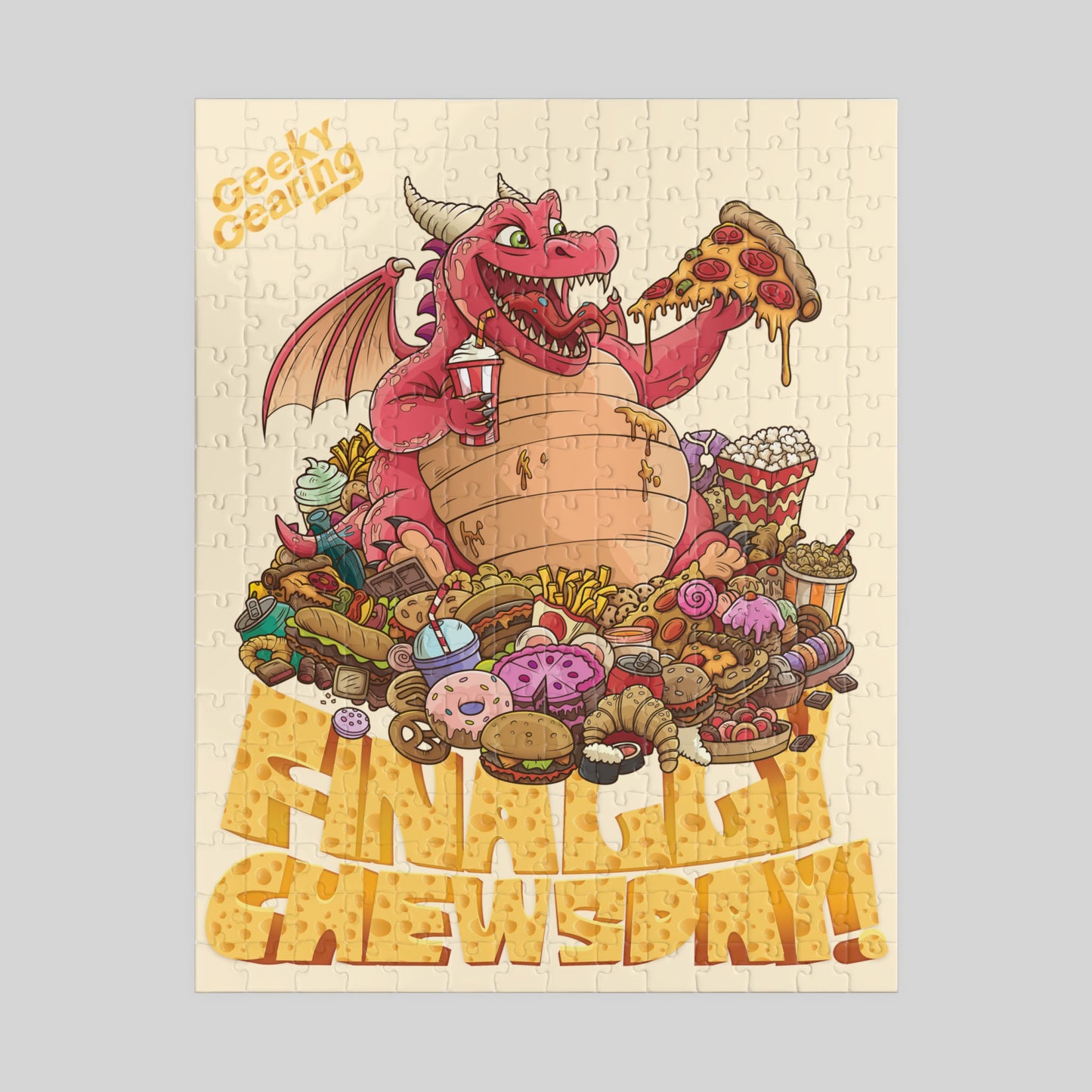 Jigsaw puzzle with a dragon holding a pizza and various food items on a beige background.