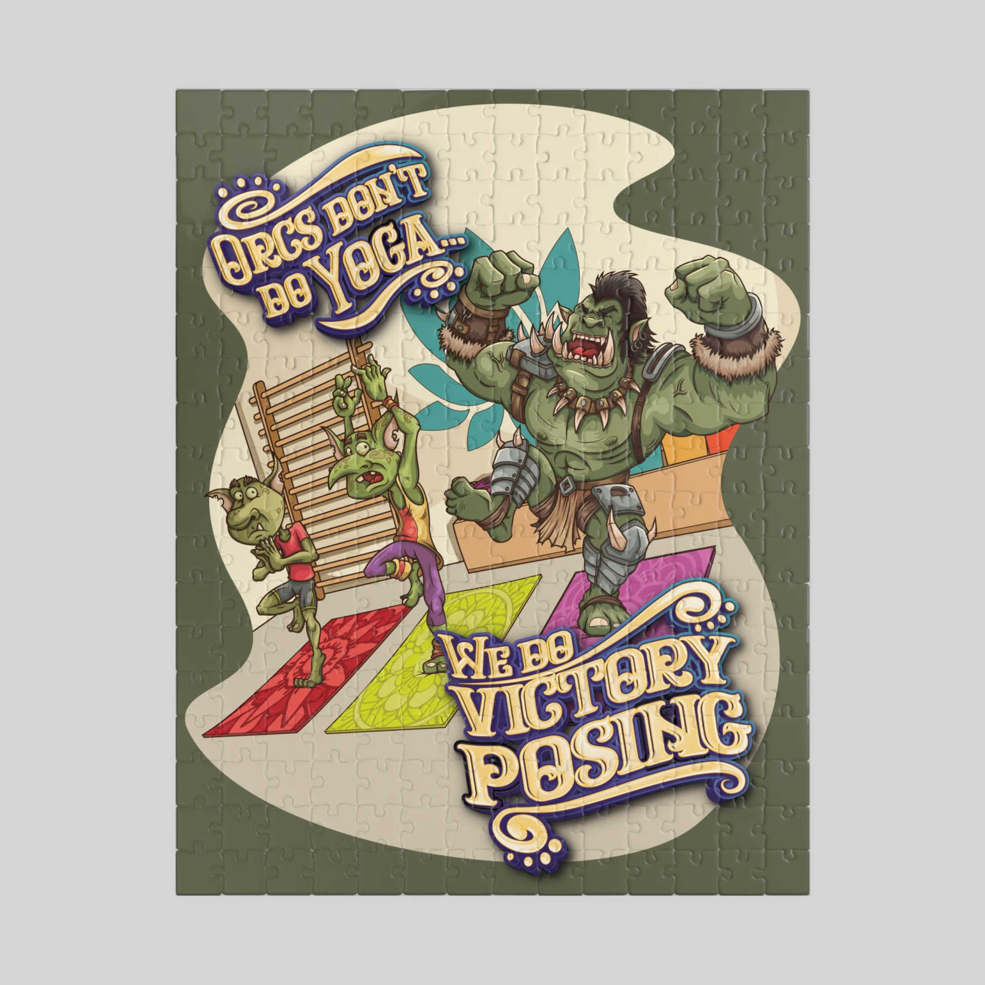 Jigsaw puzzle with cartoon orcs doing yoga on a gray background