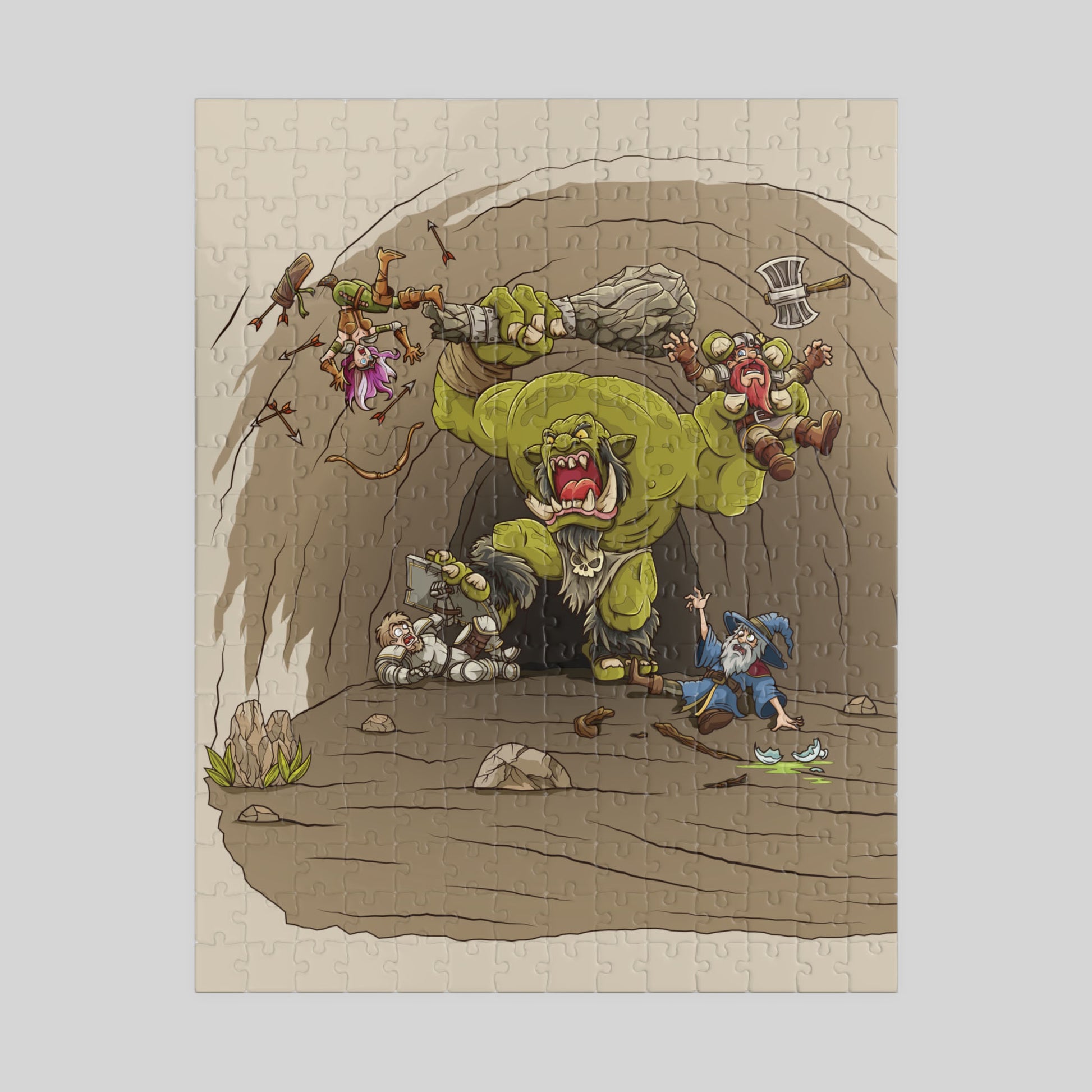 Cartoon illustration of a large green ogre in a cave with smaller characters around, on a textured beige background.