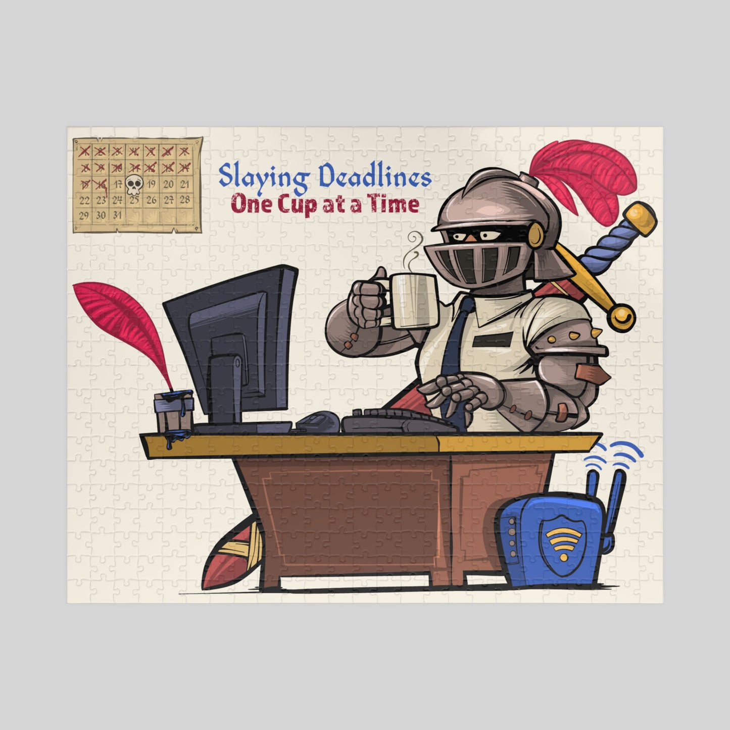 Illustration of a knight at a desk with text 'Slaying Deadlines One Cup at a Time' on a light gray background.