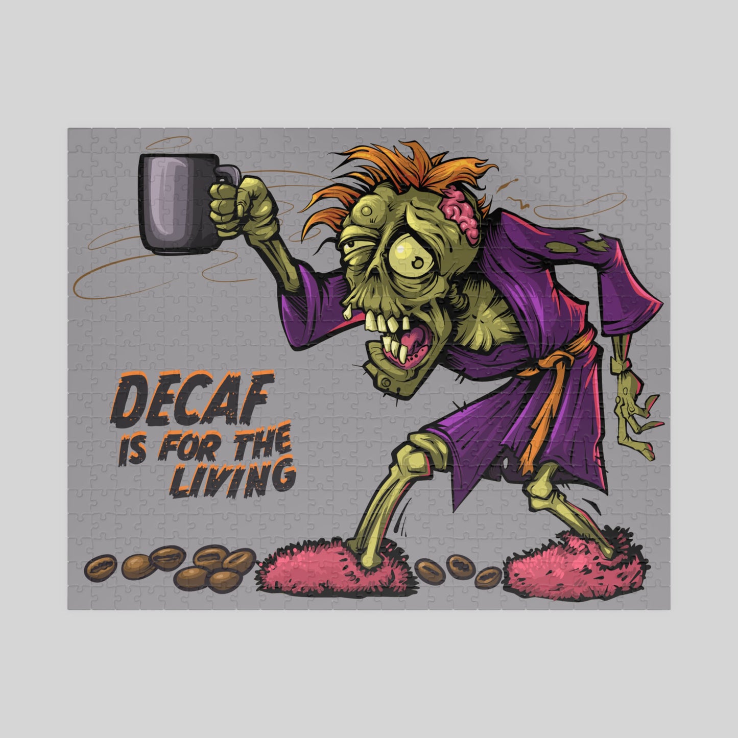 Cartoon zombie in a robe holding a mug with text 'Decaf is for the living' on a gray background