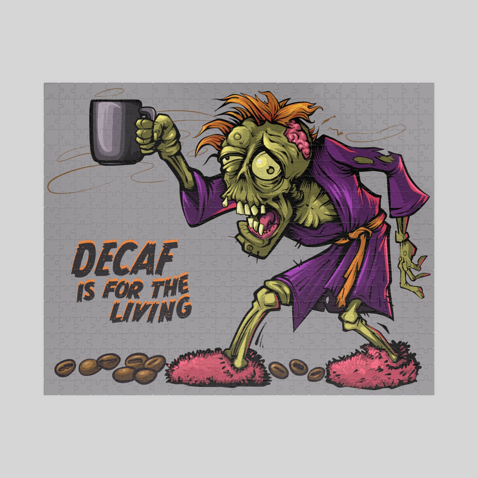 Cartoon zombie in a robe holding a mug with text 'Decaf is for the living' on a gray background