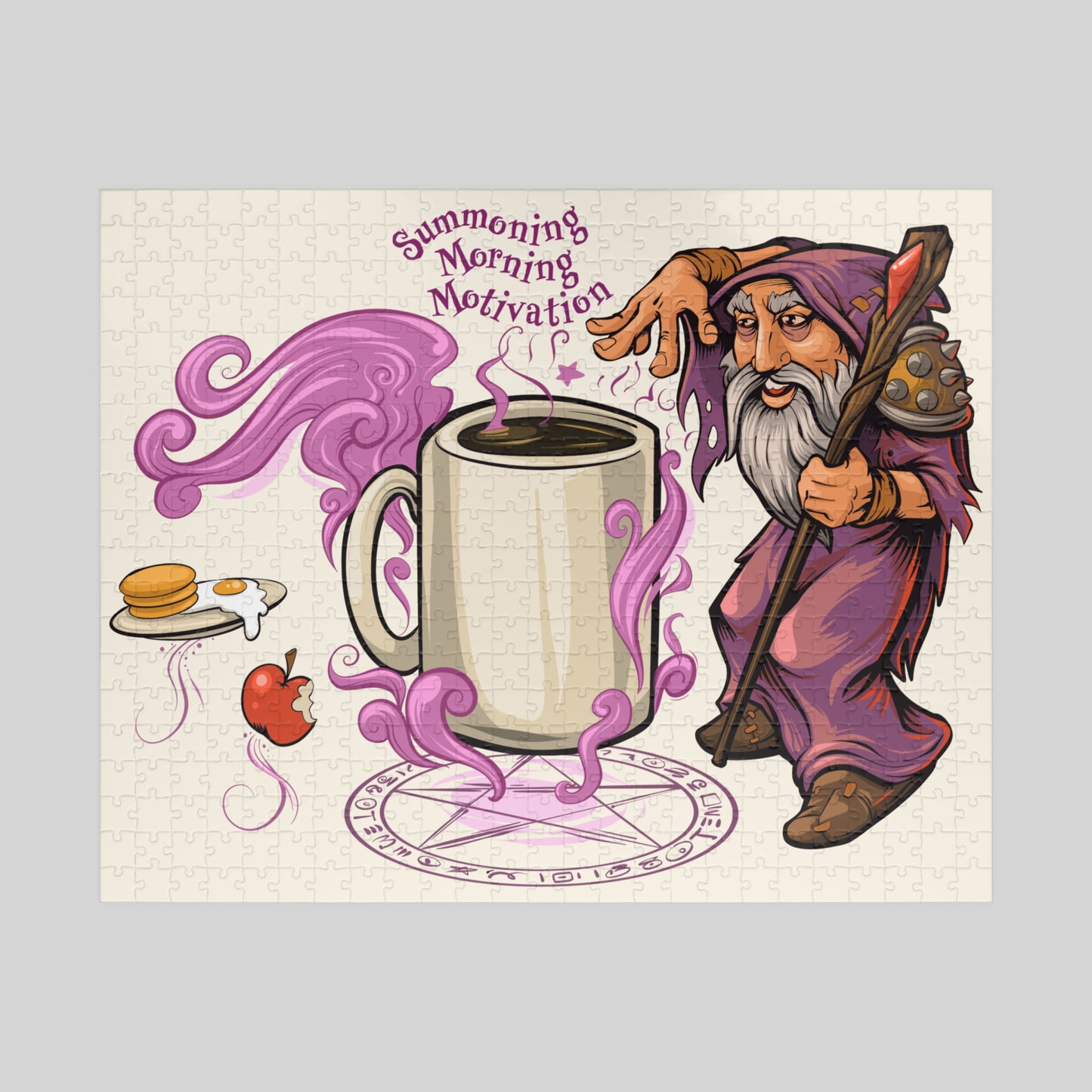 Cartoon wizard with a staff and coffee mug, with text 'Summoning Morning Motivation' on a light gray background.