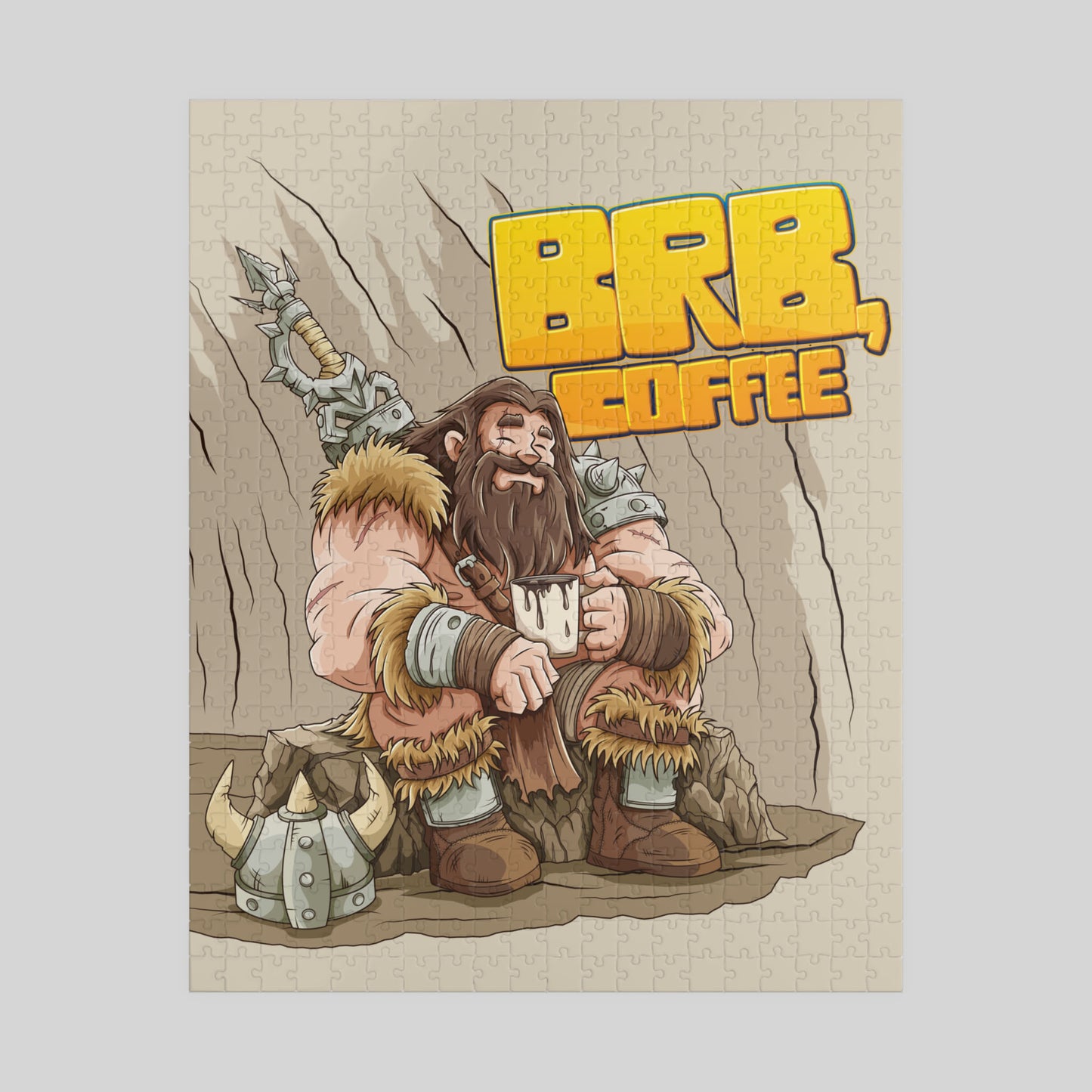 Jigsaw puzzle with a barbarian warrior holding a coffee cup and 'BRB Coffee' text on a beige background.