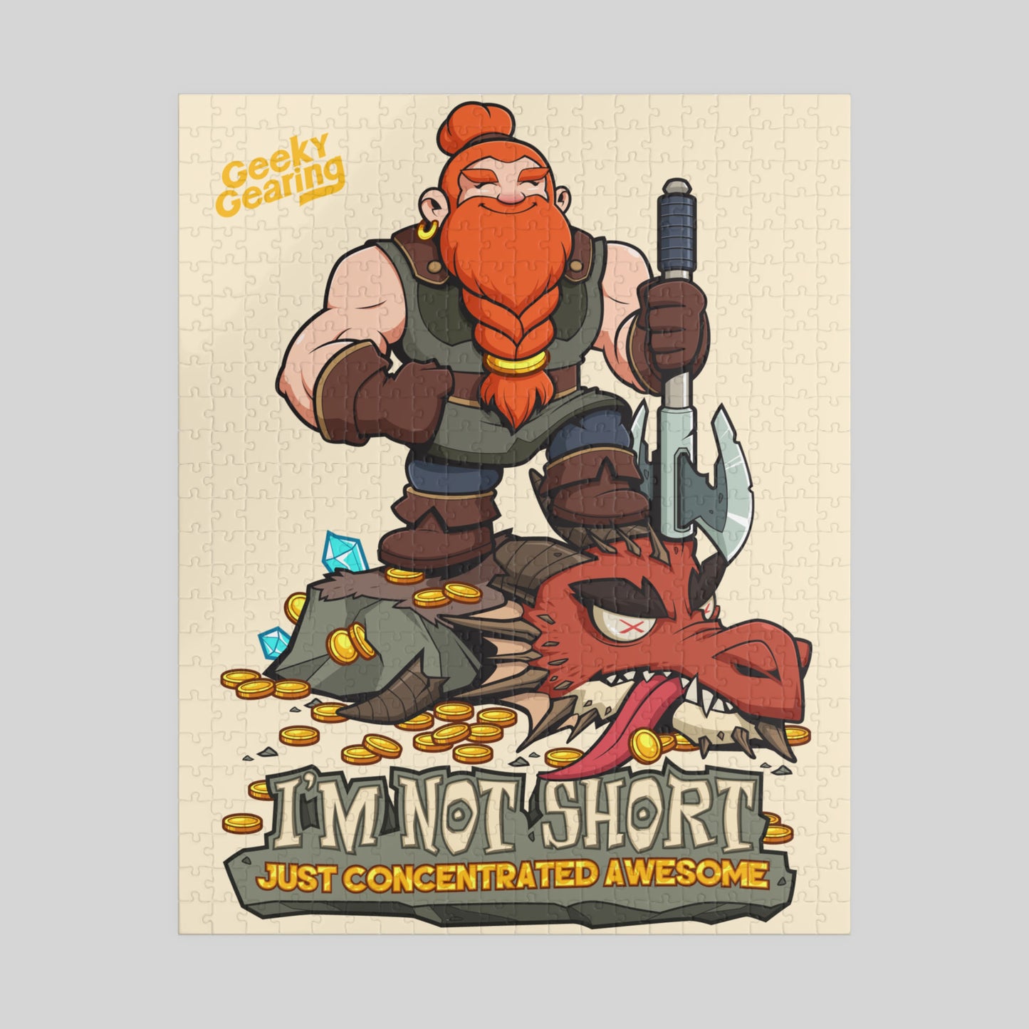 Cartoon dwarf with red hair and a weapon, standing over a dragon with text 'I'm not short just concentrated awesome'.