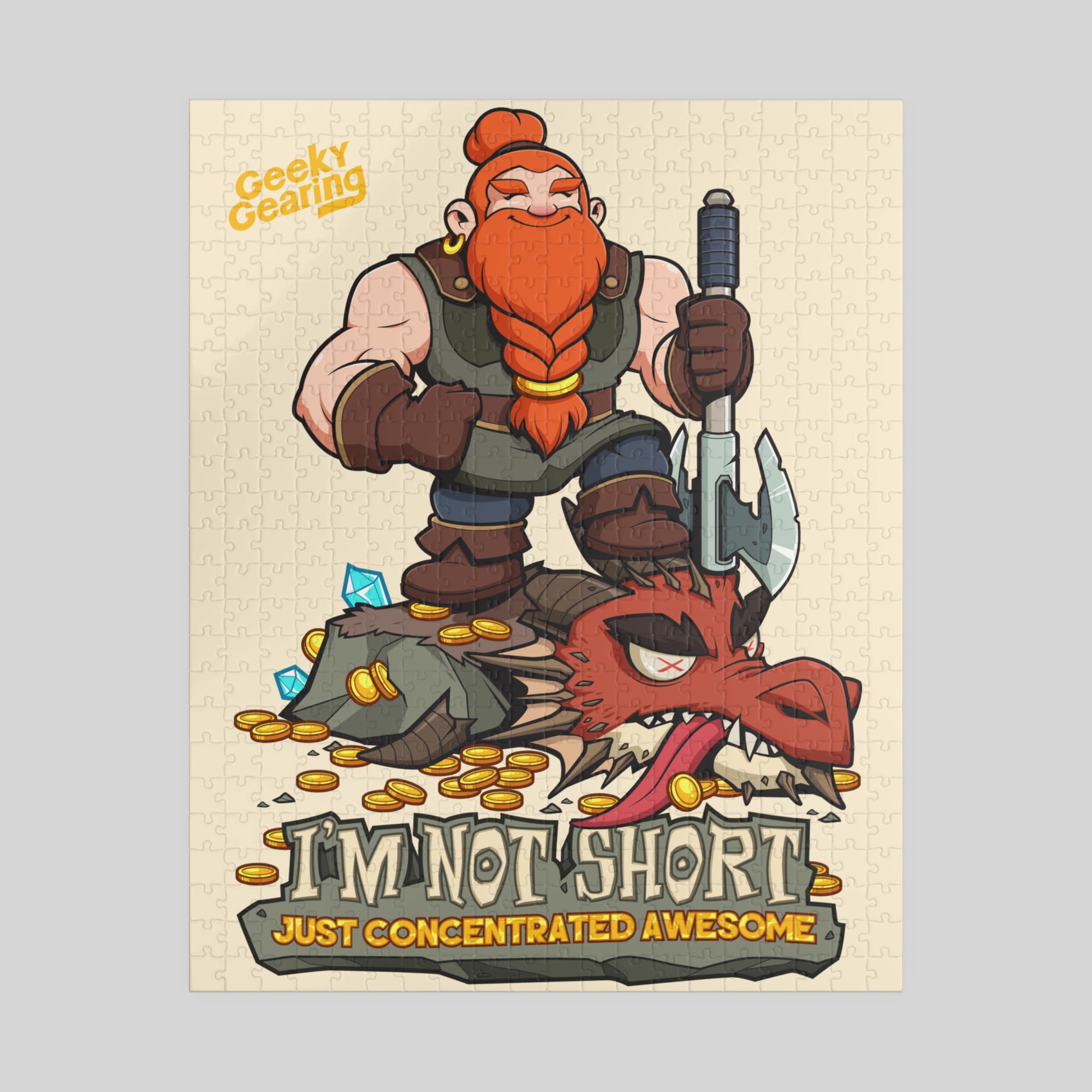 Cartoon dwarf with red hair and a weapon, standing over a dragon with text 'I'm not short just concentrated awesome'.