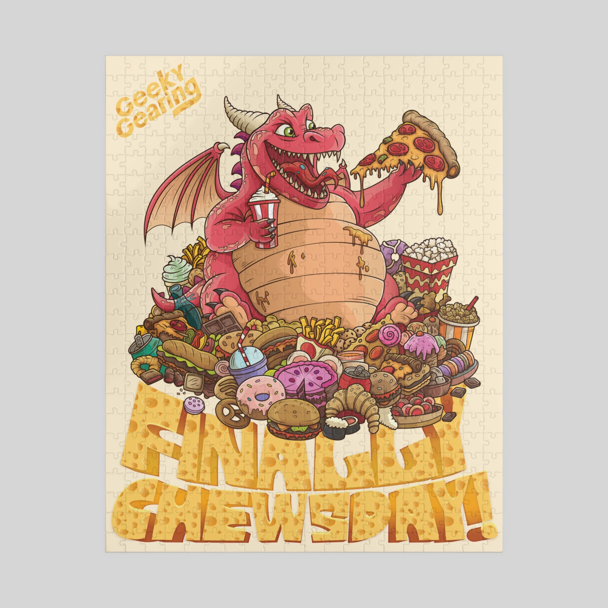 Illustration of a dragon with food items on a beige background, featuring the brand 'Geeky Gearing'.