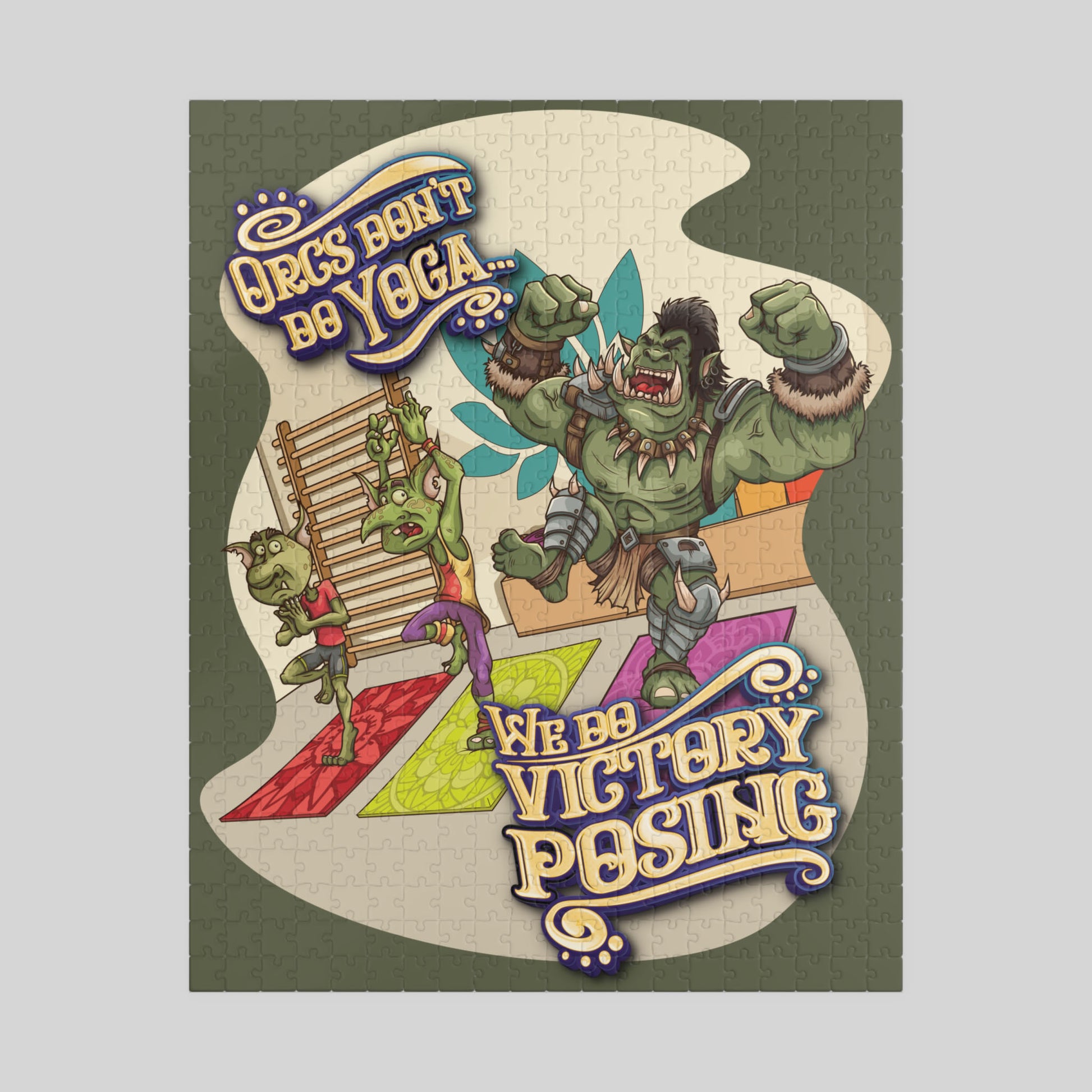 Cartoon orc doing yoga with humorous text on a gray background