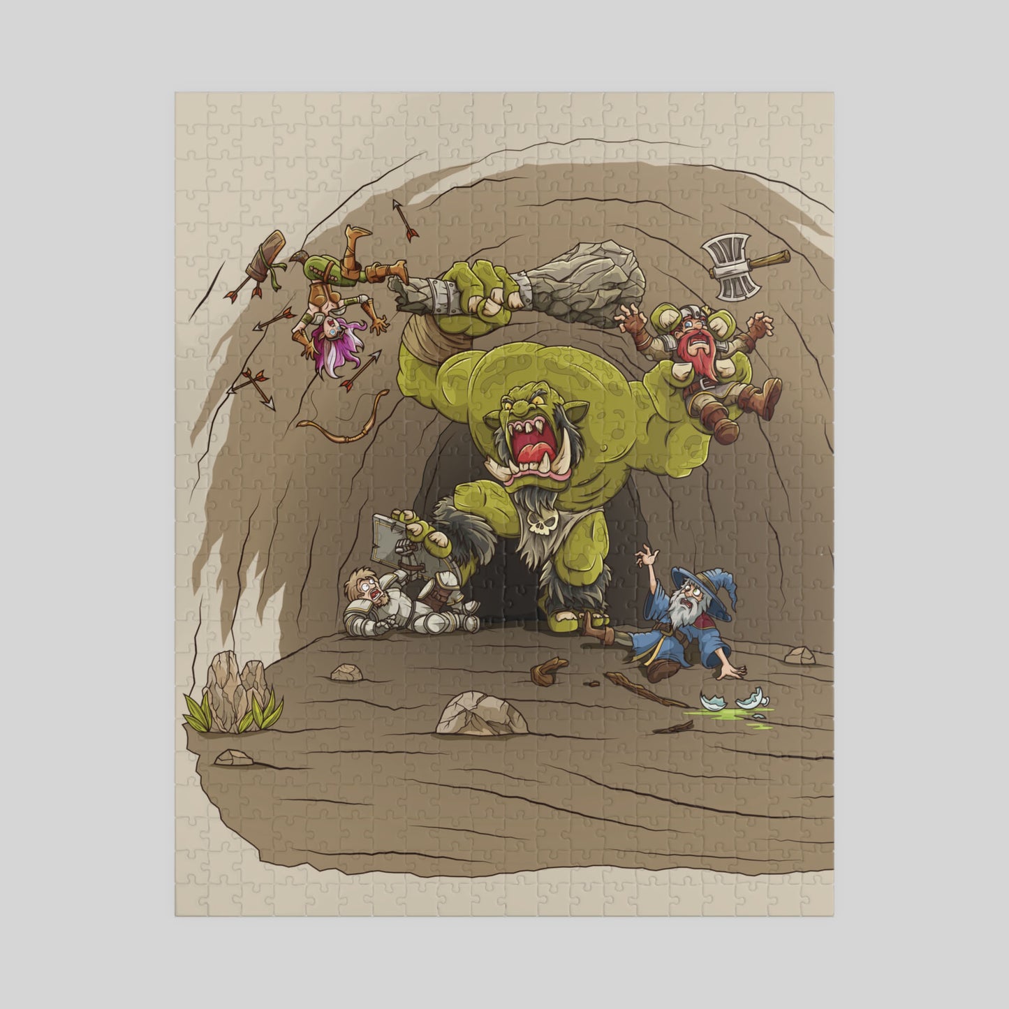 Jigsaw puzzle with a fantasy scene featuring a large green monster in battle with panicked adventures on a beige background