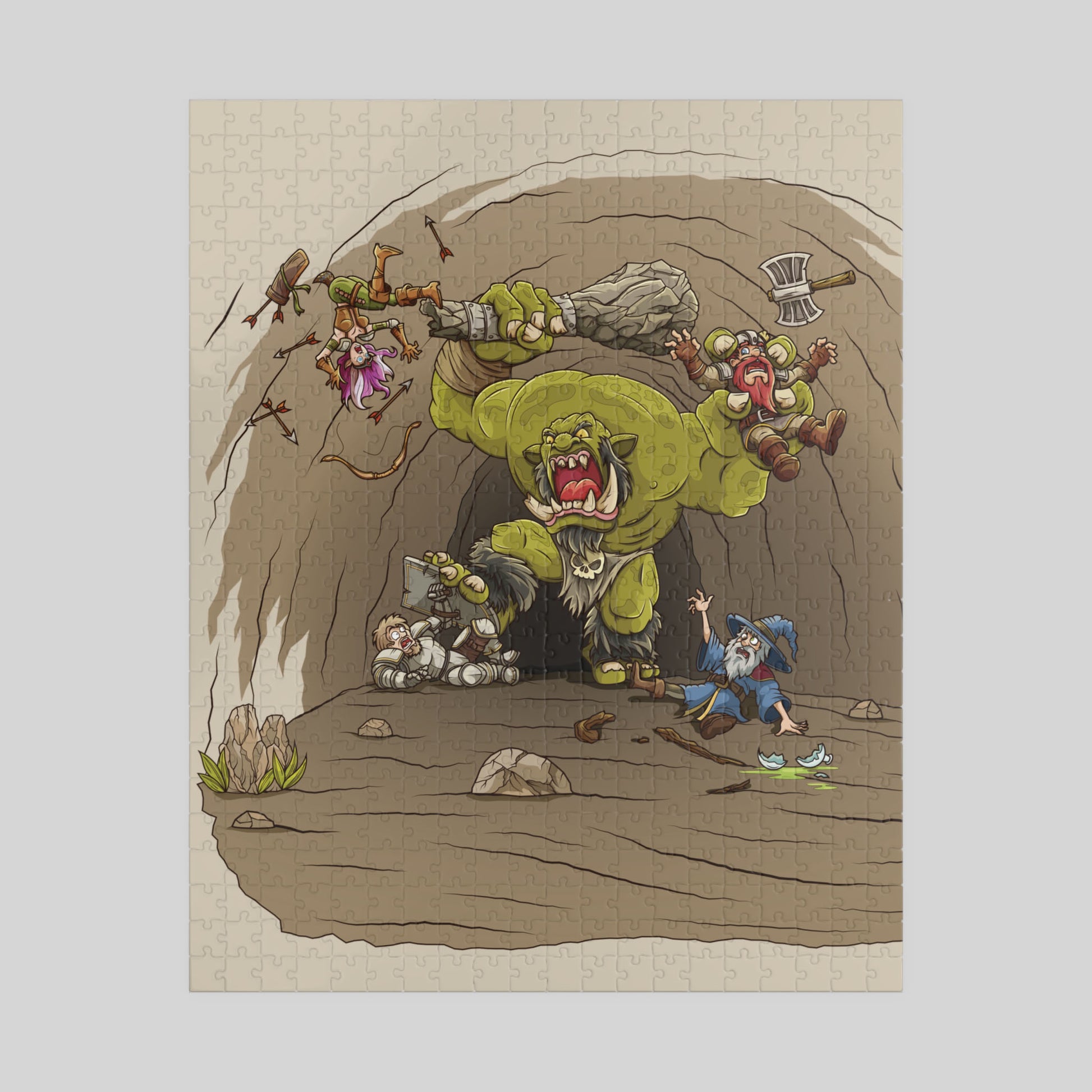 Jigsaw puzzle with a fantasy scene featuring a large green monster in battle with panicked adventures on a beige background