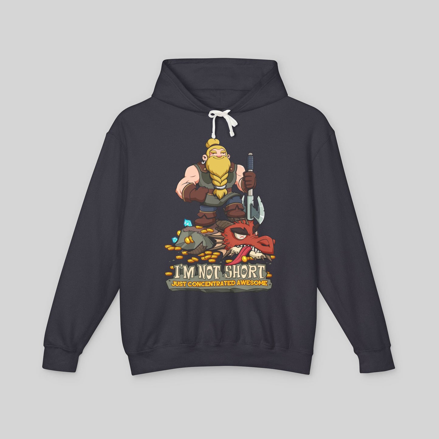 Black hoodie with a dwarf design of a character holding an axe on a gray background