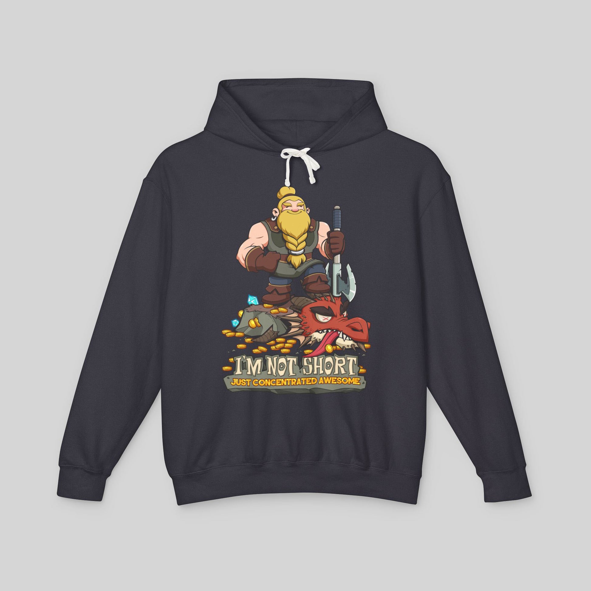 Black hoodie with a dwarf design of a character holding an axe on a gray background