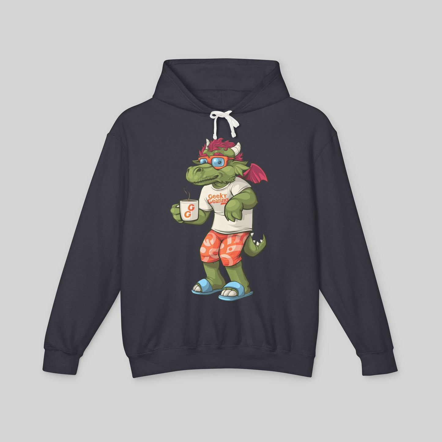 Black hoodie with a cartoon dragon design on a gray background