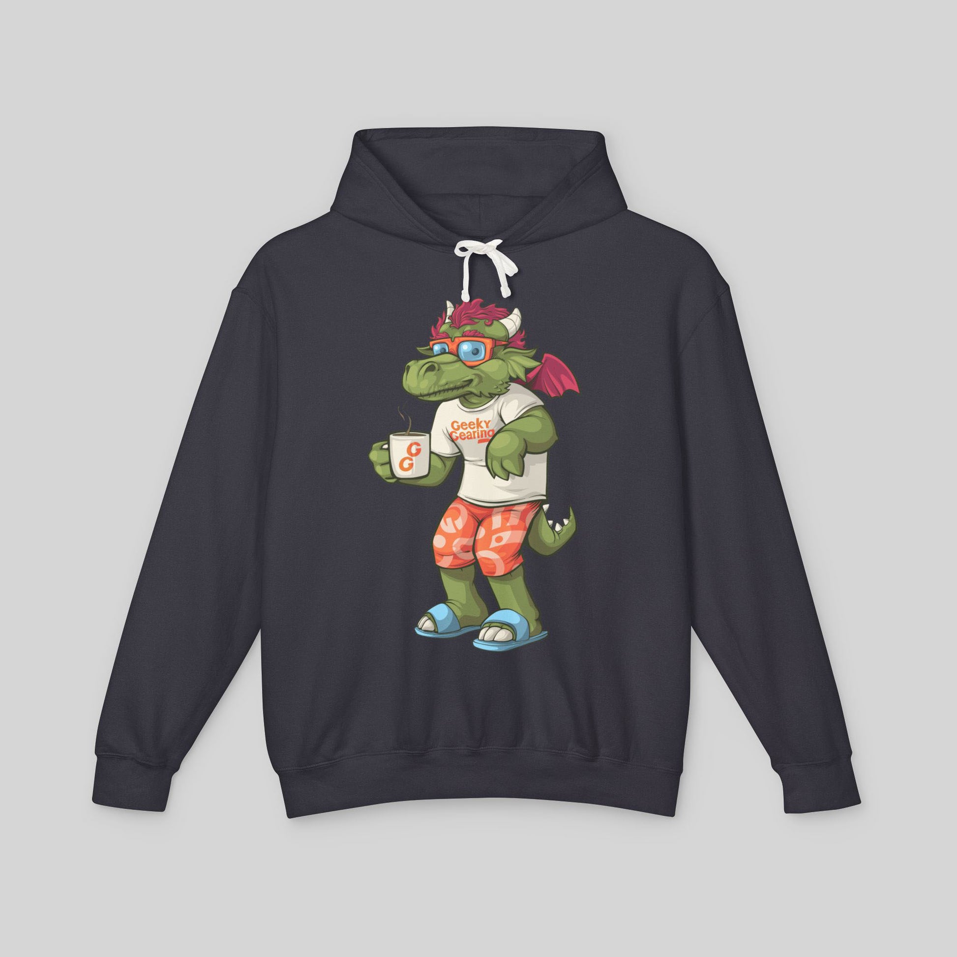 Black hoodie with a cartoon dragon design on a gray background