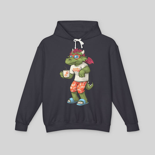 Black hoodie with a cartoon dragon design on a gray background