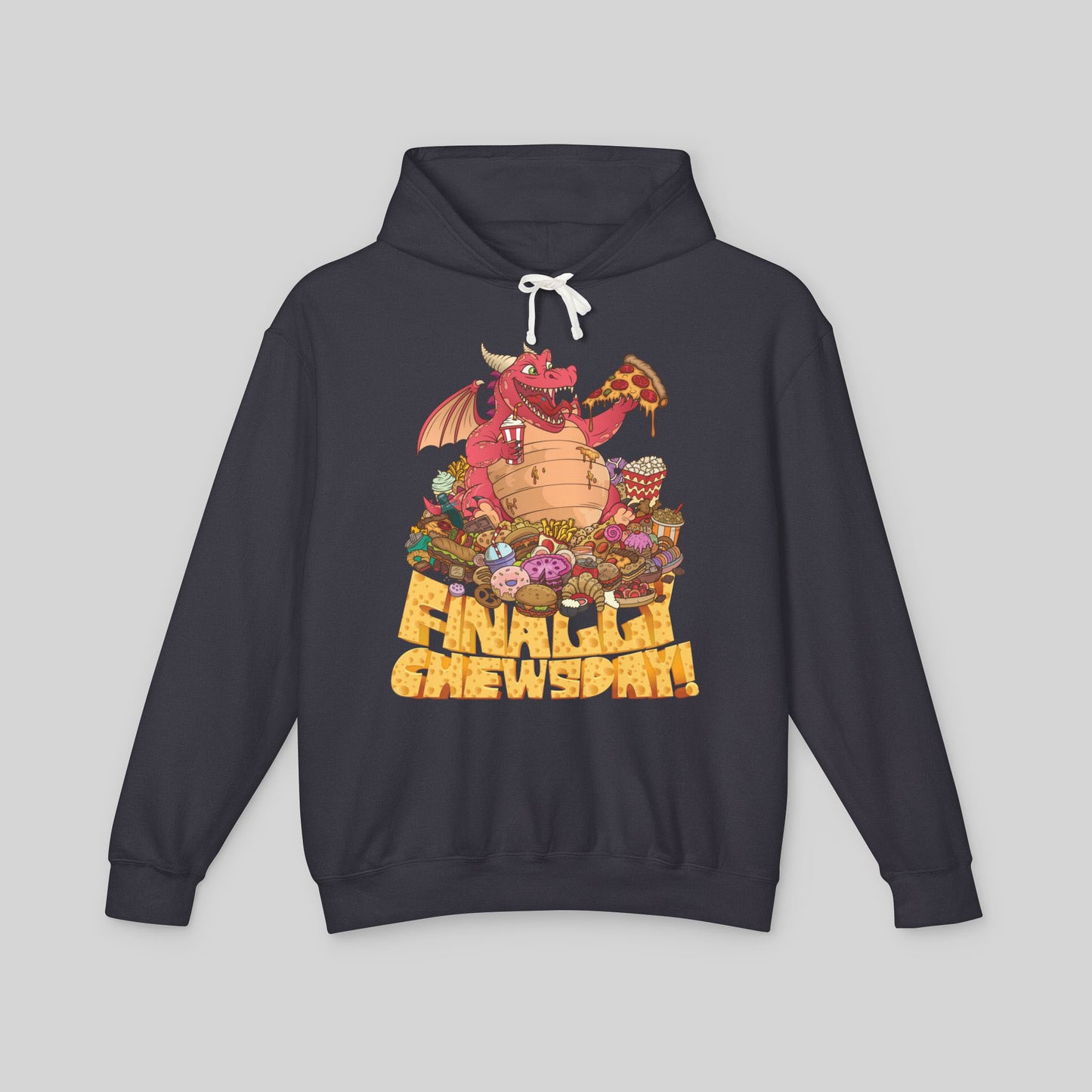 Black hoodie with a colorful graphic of a dragon and text on a gray background