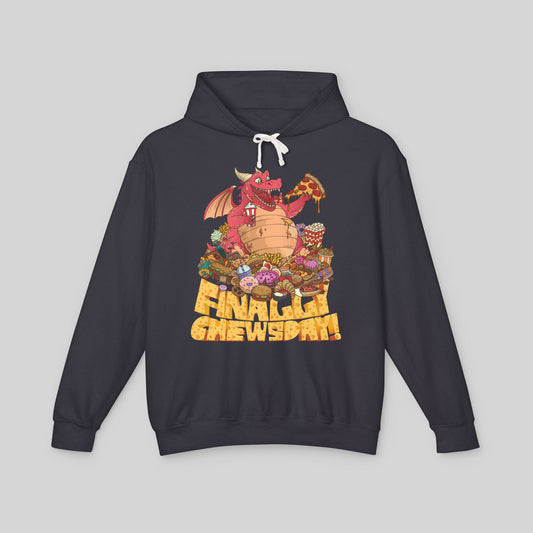Black hoodie with a colorful graphic of a dragon and text on a gray background