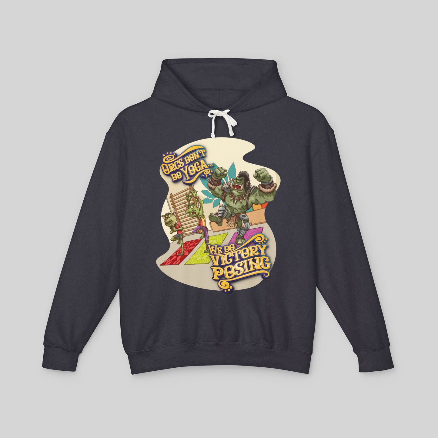 Black hoodie with colorful graphic design on a gray background