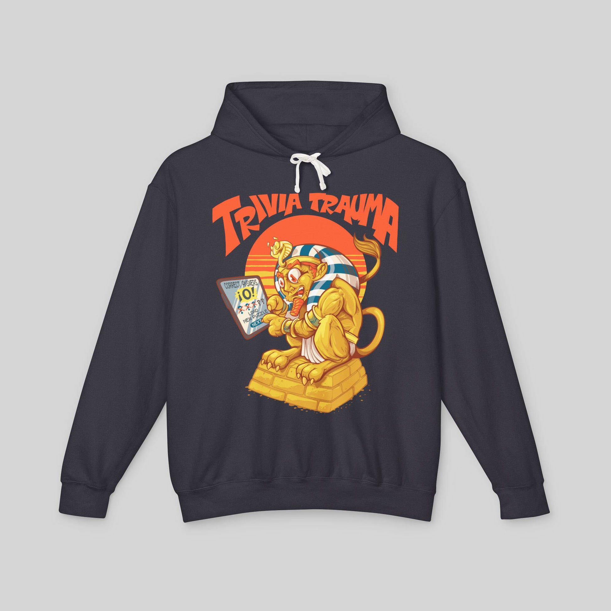 Black hoodie with 'Trivia Trauma' graphic design on a gray background