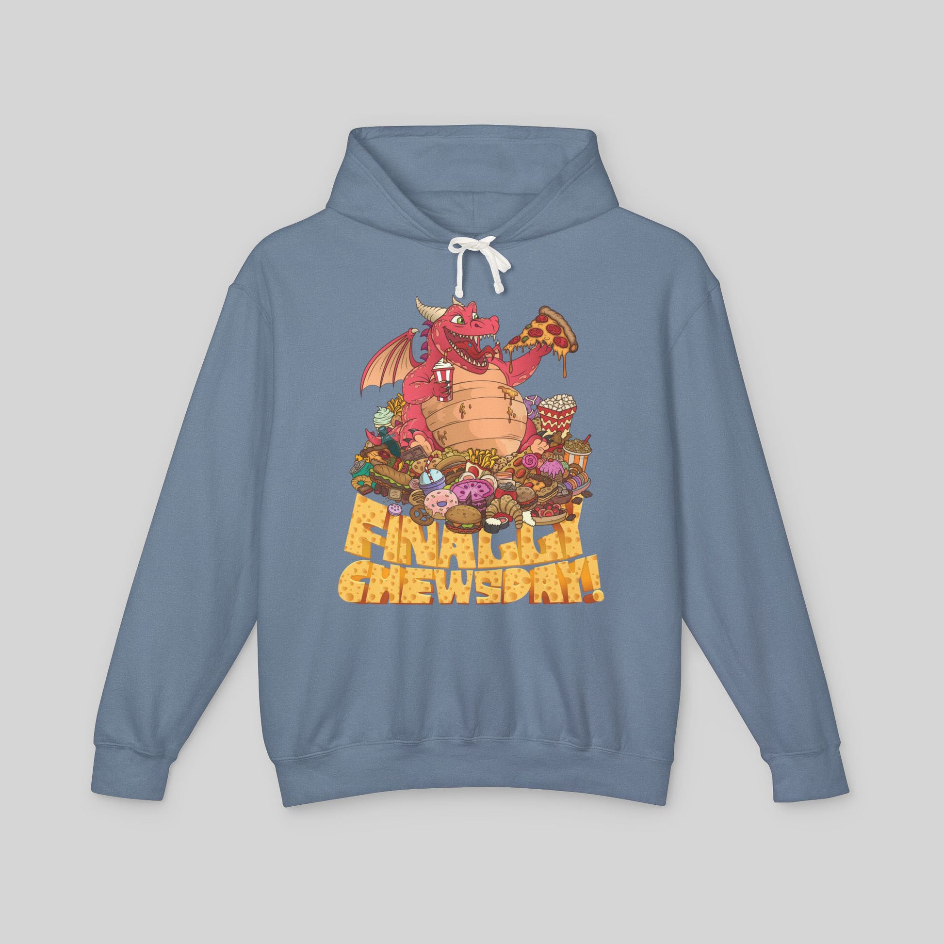 Blue hoodie with a colorful graphic of a dragon and text on a gray background
