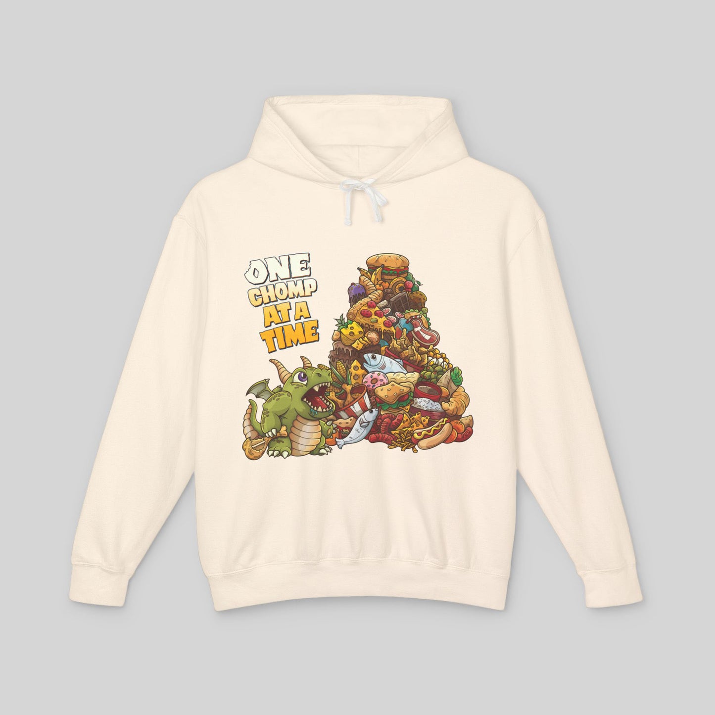 Beige hoodie with a colorful graphic design and text on a gray background