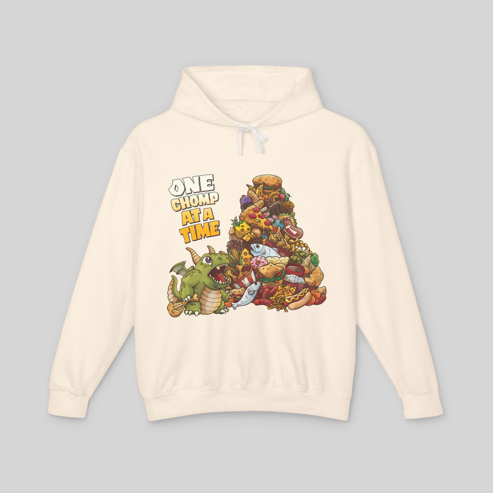 Beige hoodie with a colorful graphic design and text on a gray background