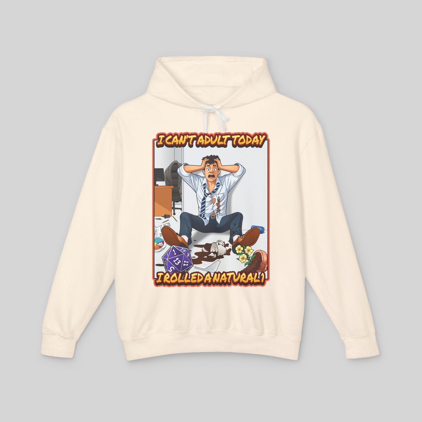 Beige hoodie with a graphic design on a gray background