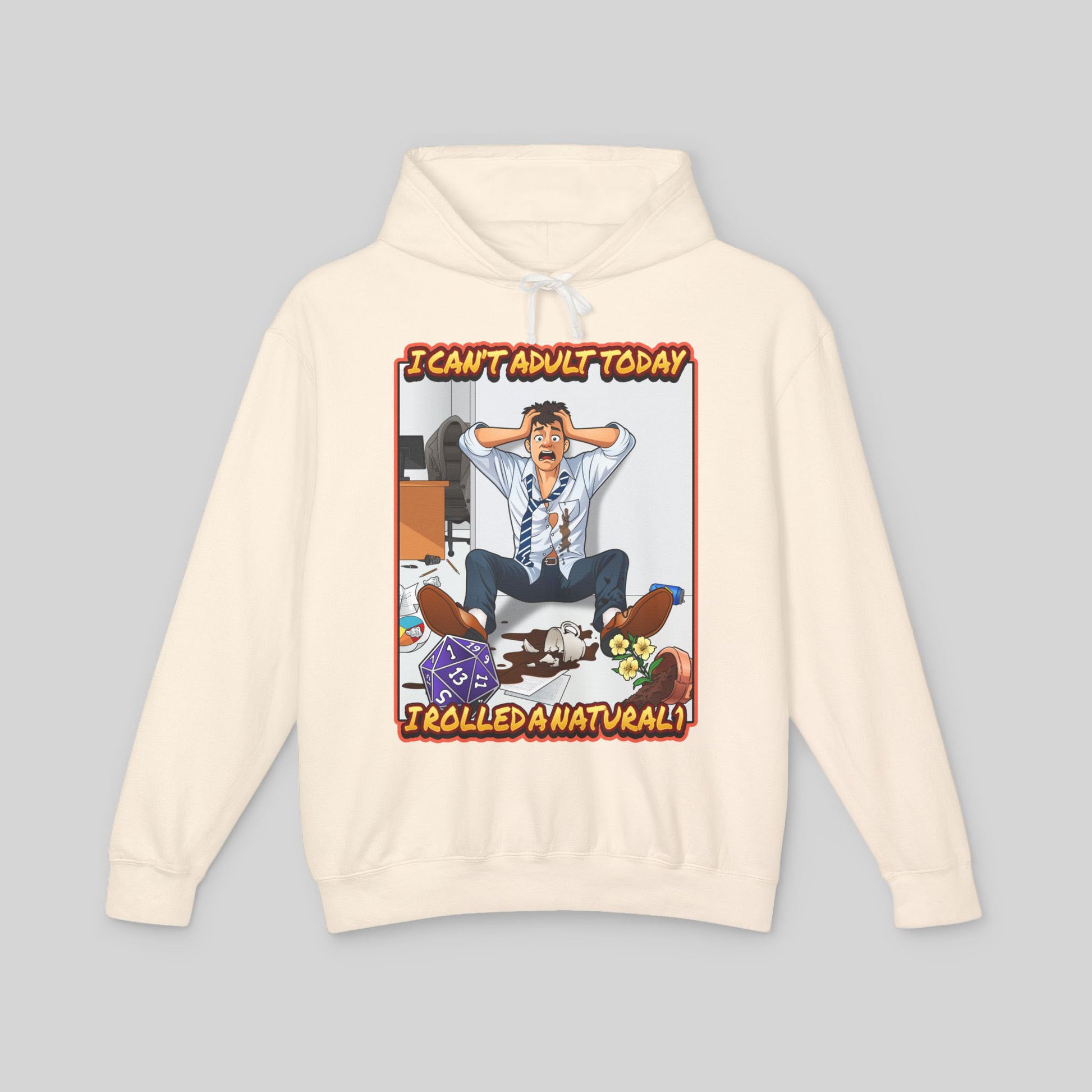 Beige hoodie with a graphic design on a gray background