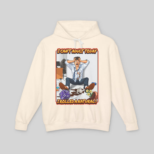 Beige hoodie with a graphic design on a gray background