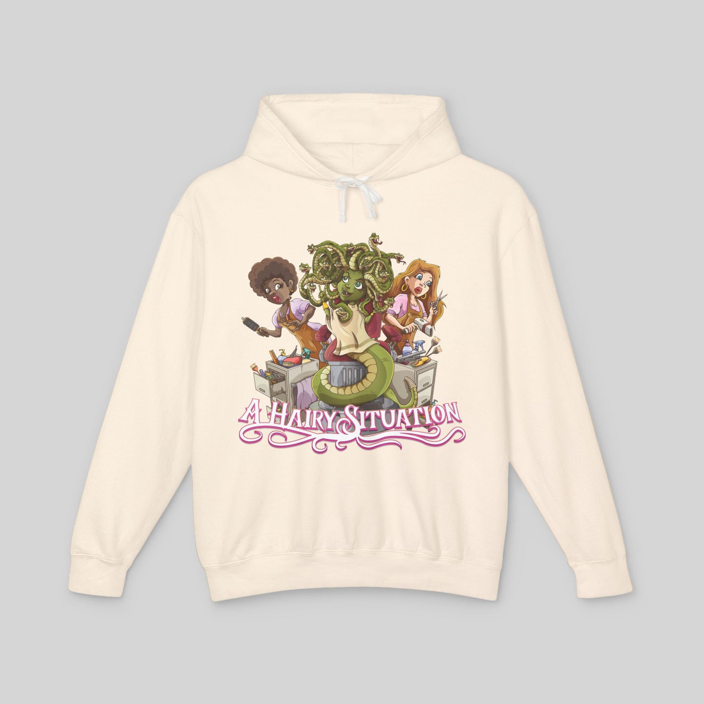 Beige hoodie with cartoon design and 'A Hairy Situation' text on a gray background